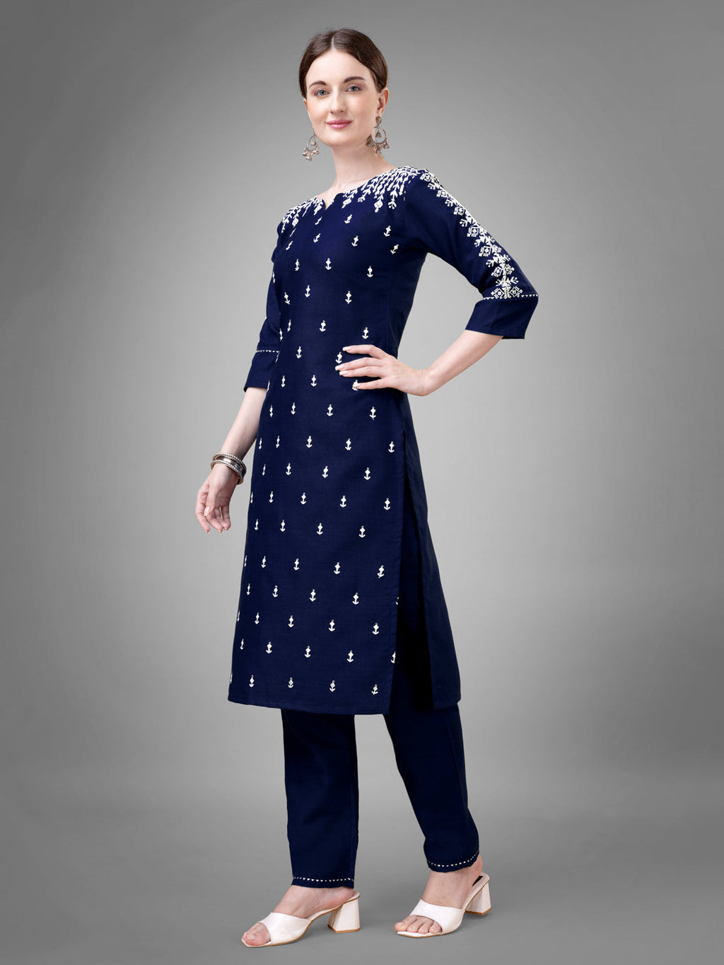 Jyoti Fashion Women's Navy Blue Cotton Blend Sequins with Embroidered Kurta Set