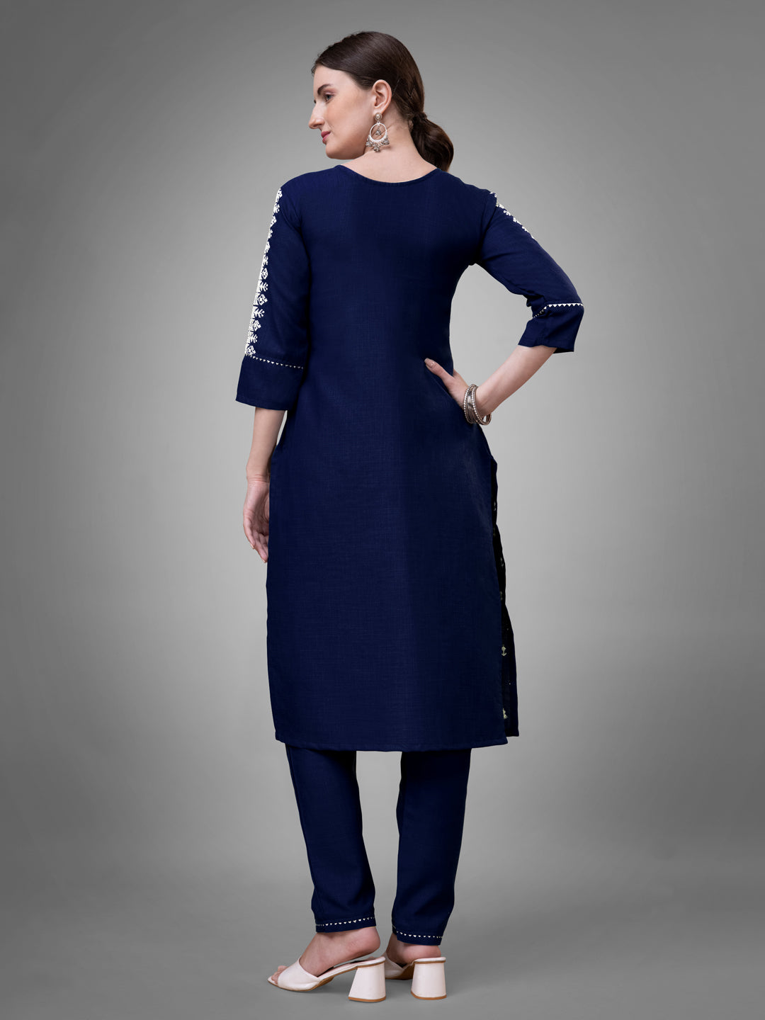 Jyoti Fashion Women's Navy Blue Cotton Blend Sequins with Embroidered Kurta Set