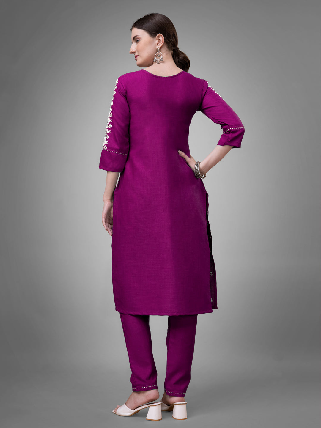 Jyoti Fashion Women's Purple Cotton Blend Sequins with Embroidered Kurta Set
