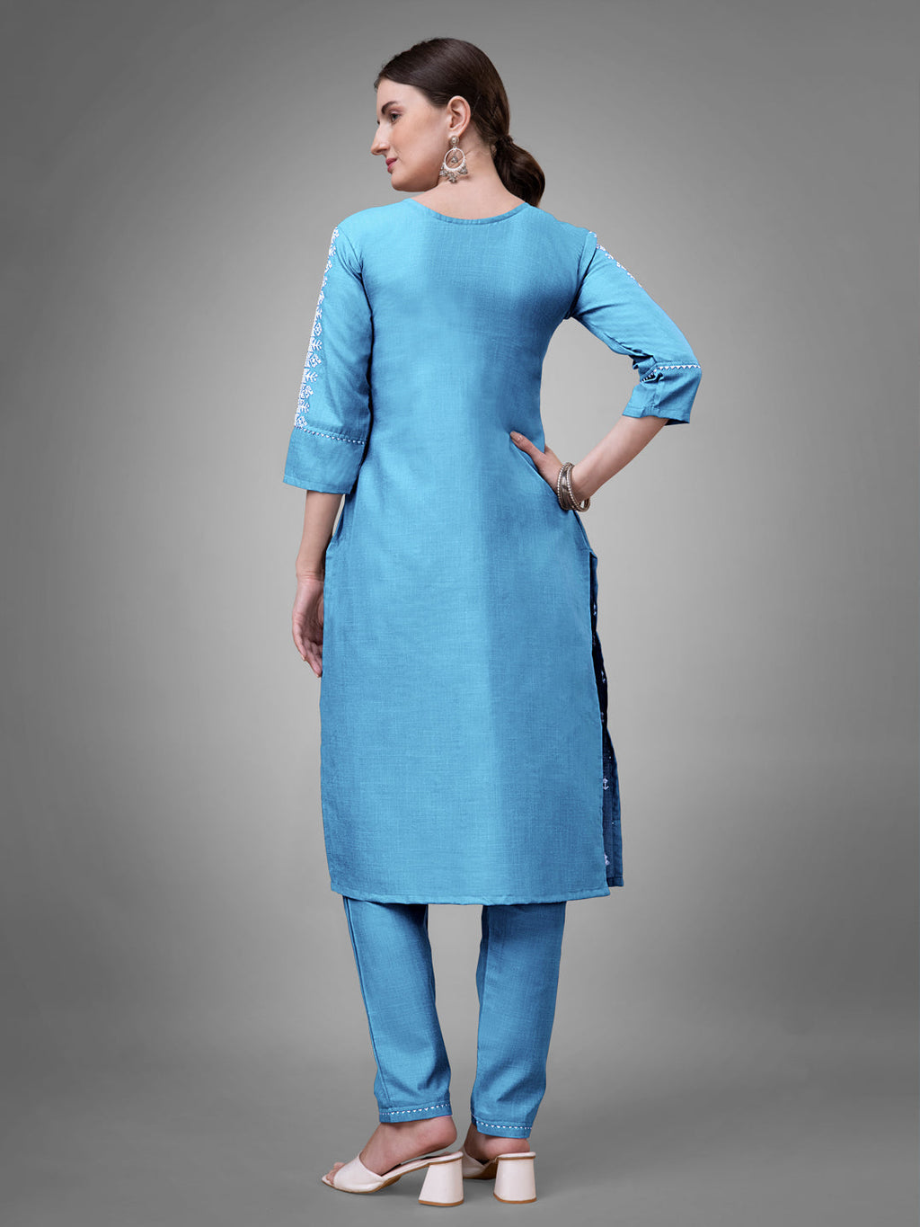 Jyoti Fashion Women's Sky Blue Cotton Blend Sequins with Embroidered Kurta Set