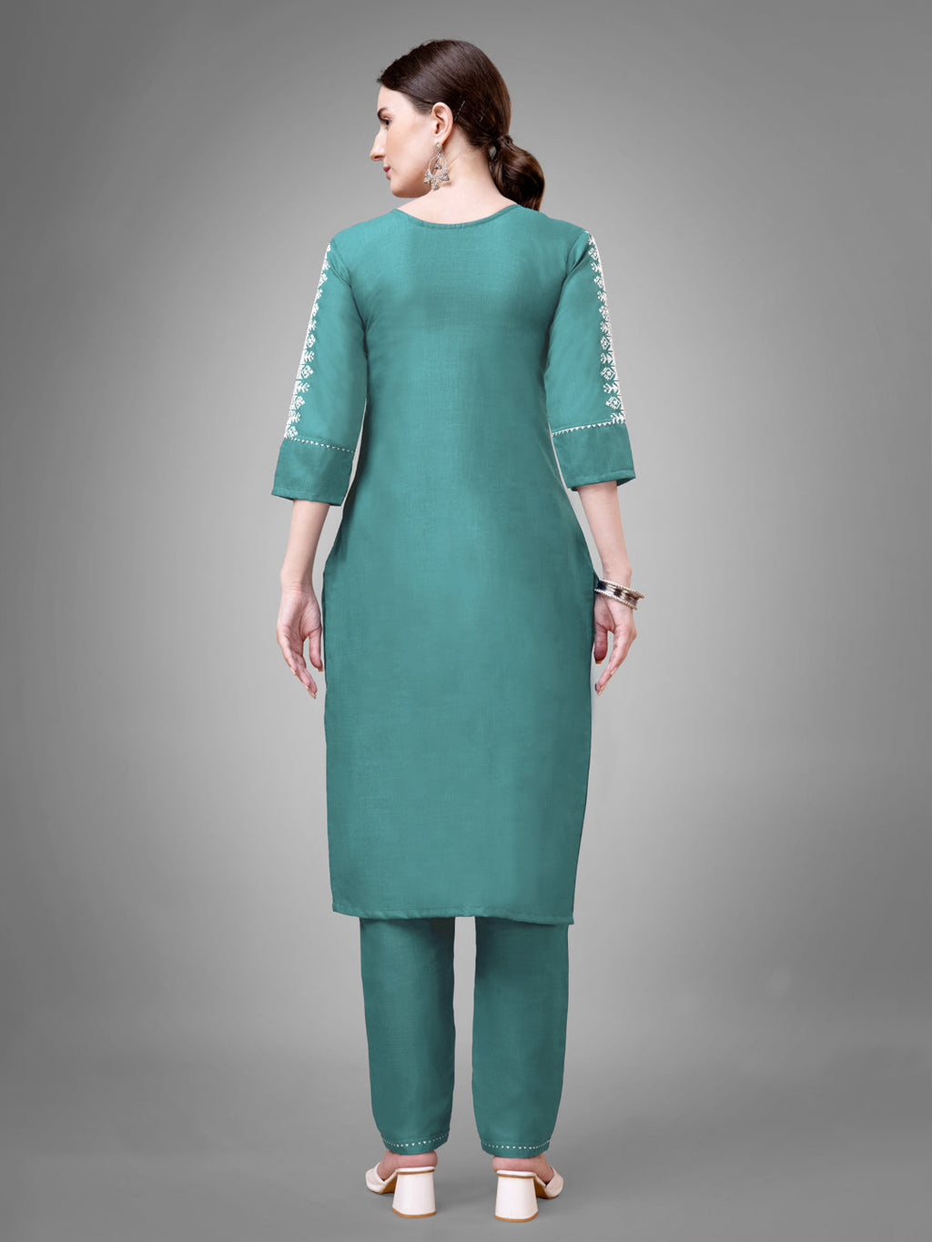Women's Teal Cotton Blend V-Neck Straight Kurta Set with Sequins