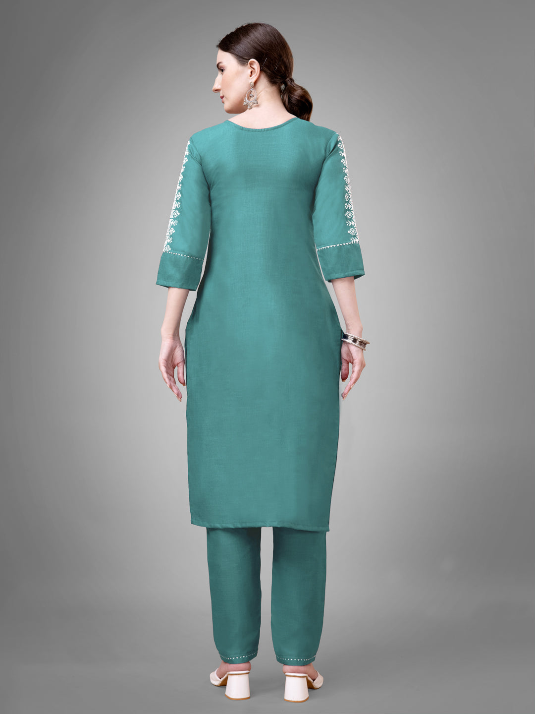 Women's Teal Cotton Blend V-Neck Straight Kurta Set with Sequins