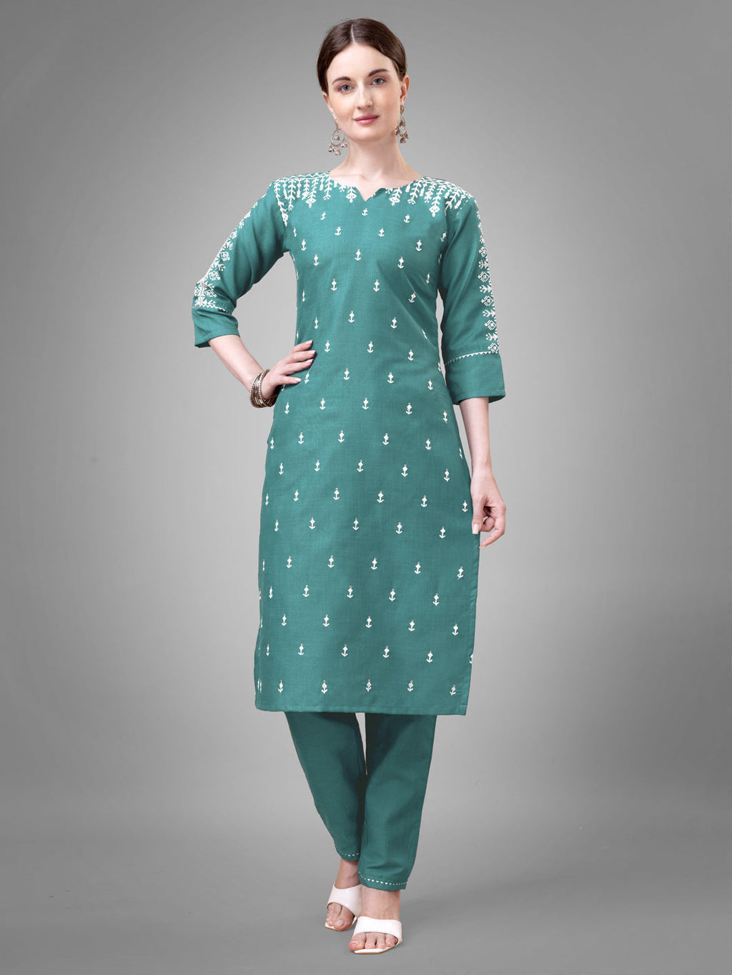 Teal cotton blend straight kurta with elegant sequin and embroidery work