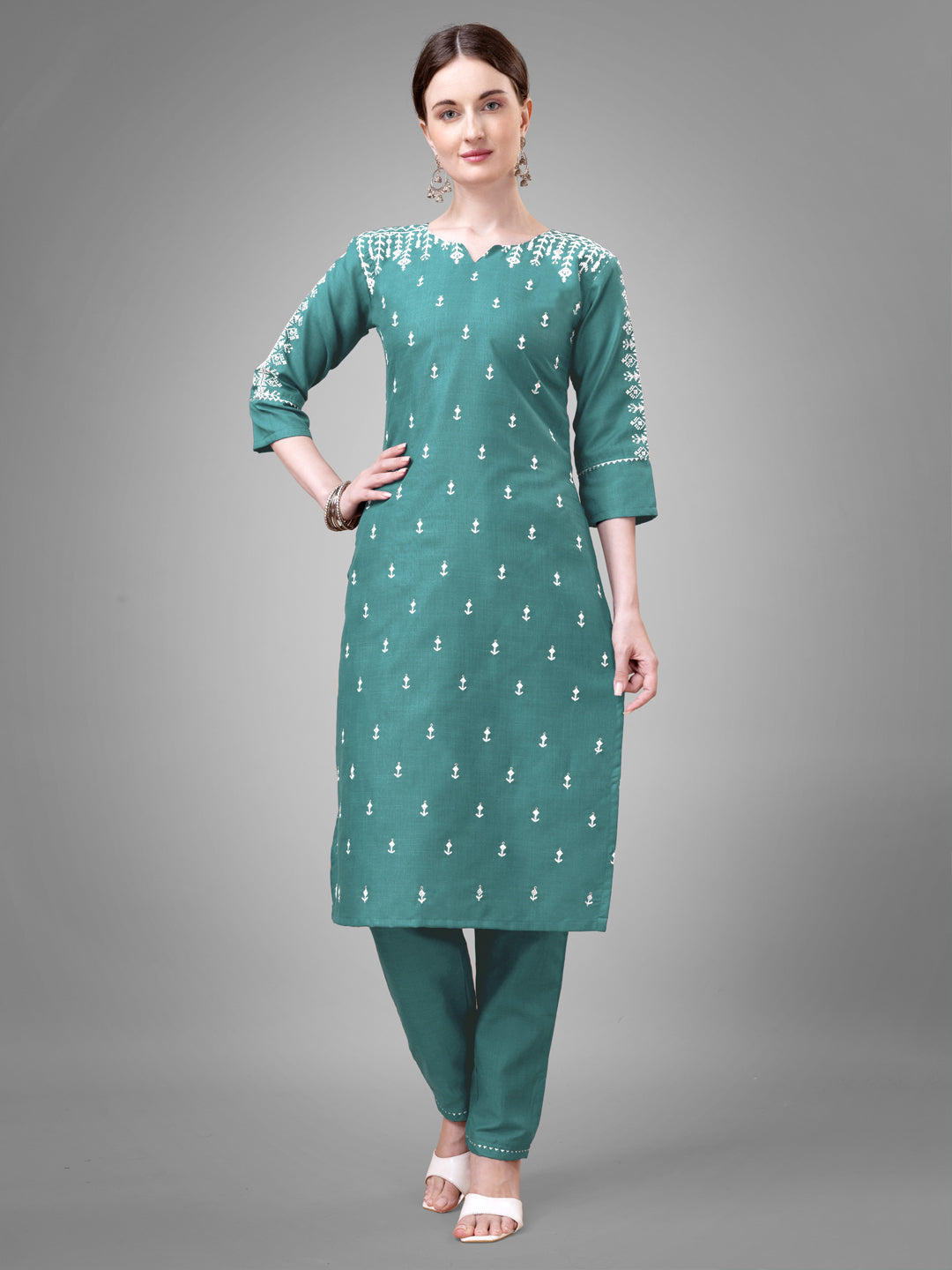 Teal cotton blend straight kurta with elegant sequin and embroidery work