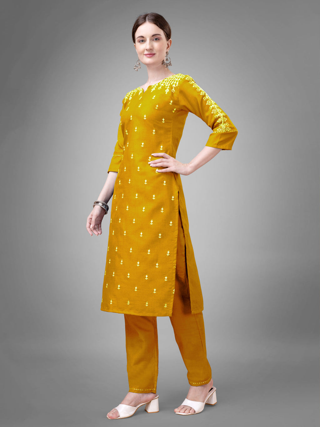 Women's Yellow Cotton Blend V-Neck Straight Kurta Set with Sequins
