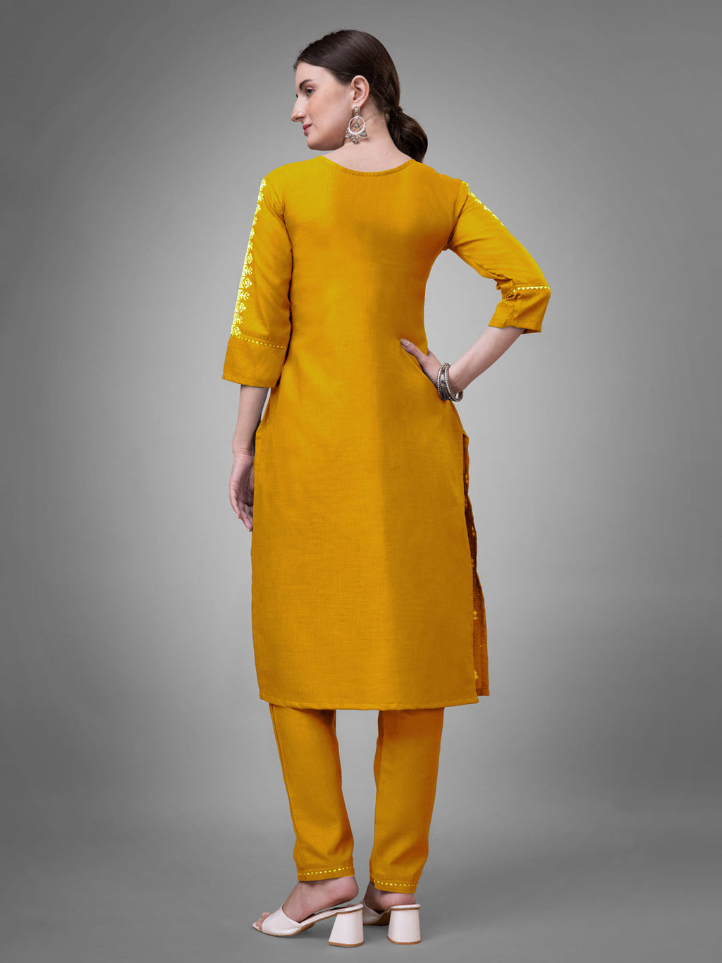Women's Yellow Cotton Blend V-Neck Straight Kurta Set with Sequins