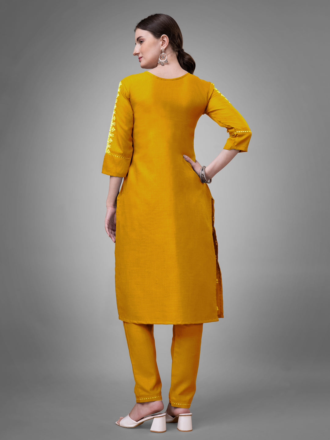 Women's Yellow Cotton Blend V-Neck Straight Kurta Set with Sequins