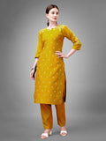 Front view of a yellow cotton blend straight kurta with sequin and embroidery details and a V-neckline