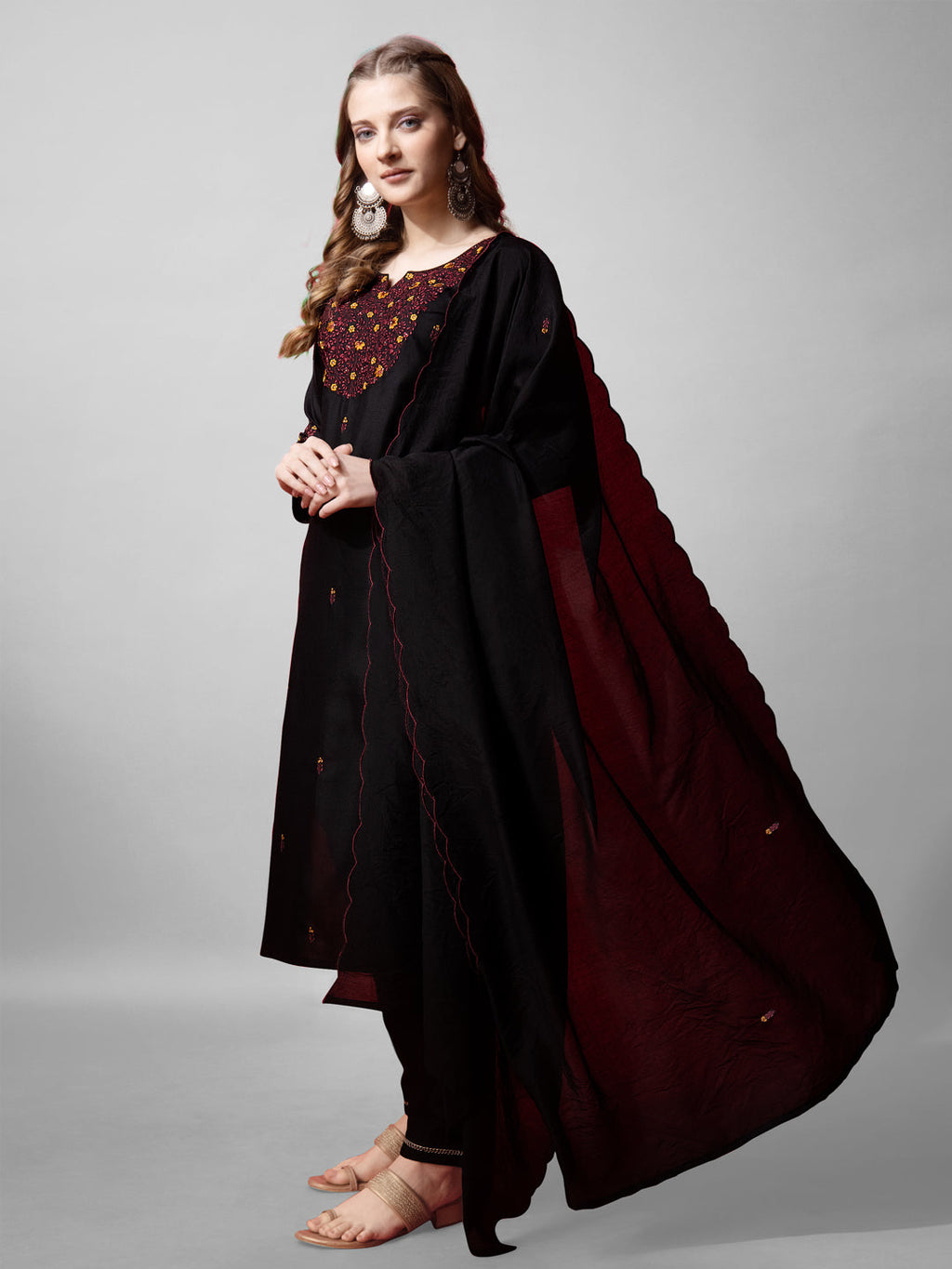 Women's Black Cotton Blend V-Neck Embroidered Straight Kurta Set