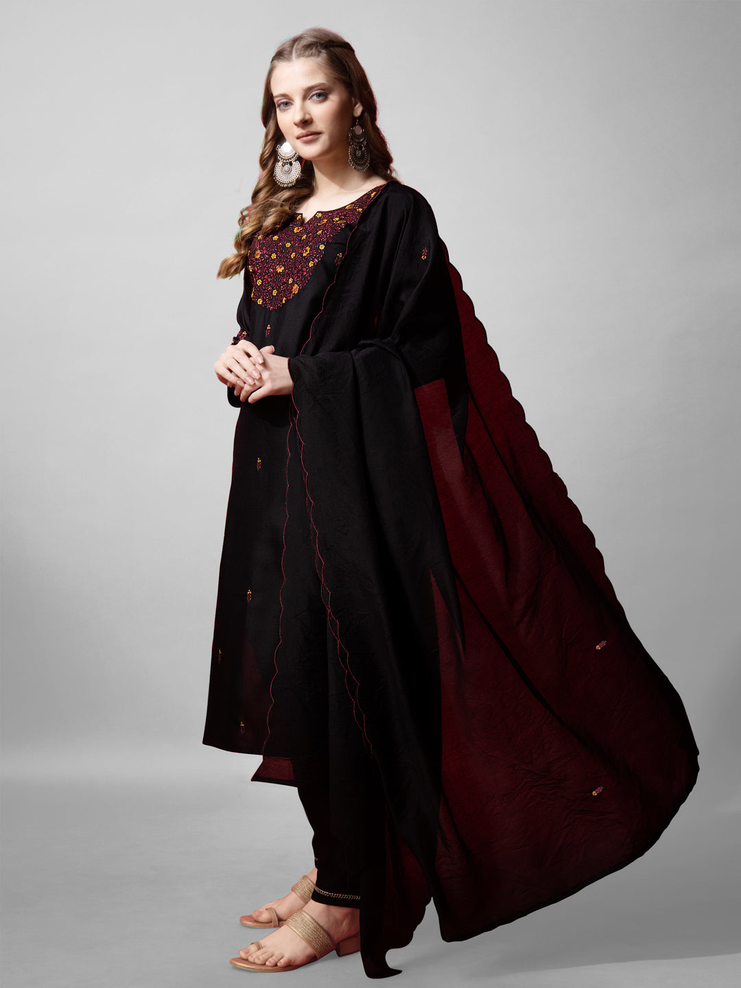 Women's Black Cotton Blend V-Neck Embroidered Straight Kurta Set