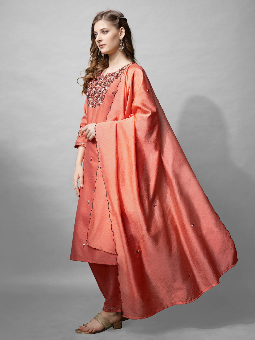 Jyoti Fashion Women's Coral Cotton Blend Embroidered Kurta Set
