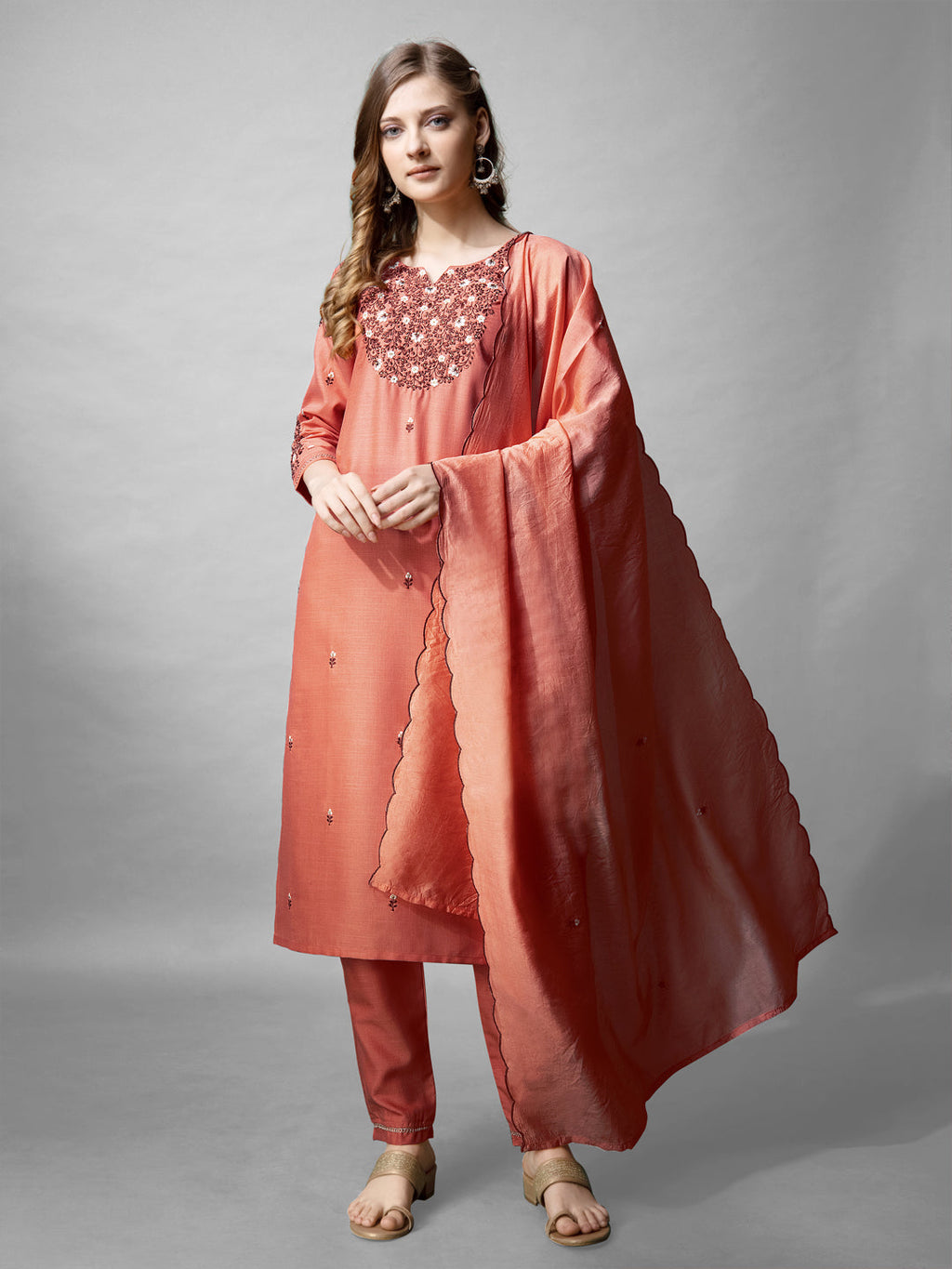 Jyoti Fashion Women's Coral Cotton Blend Embroidered Kurta Set