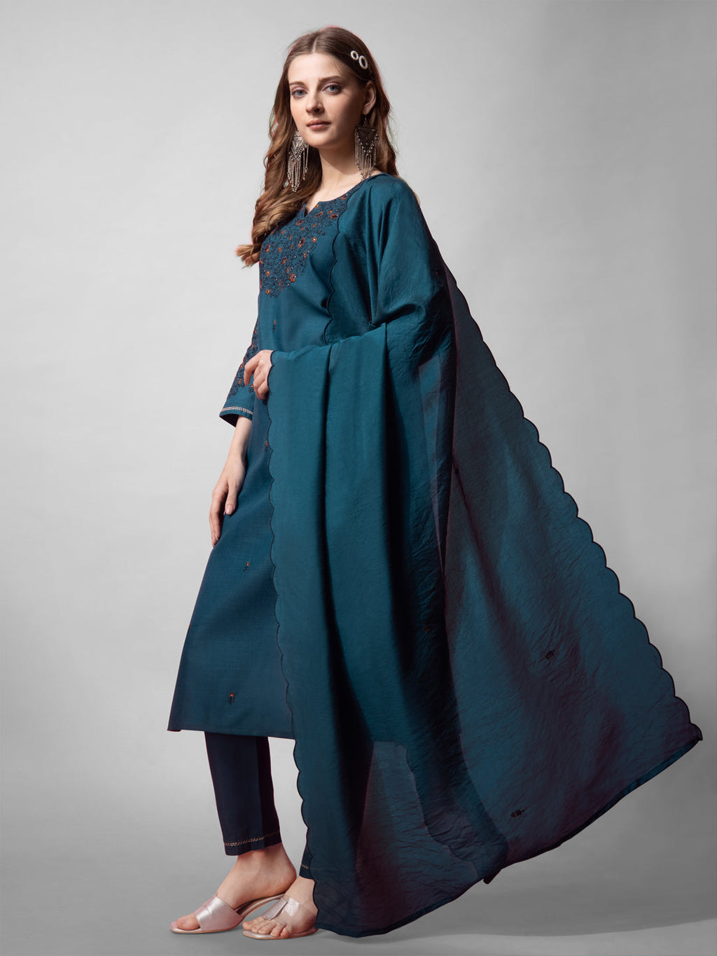 Teal and Navy Cotton Blend Embroidered V-Neck Straight Kurta Set