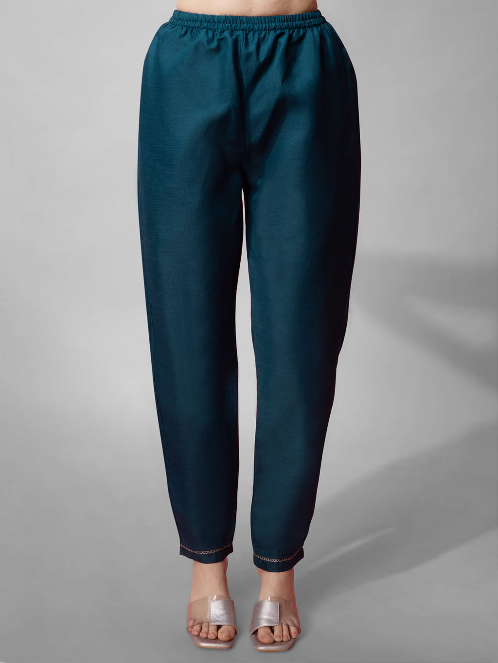 Teal and Navy Cotton Blend Embroidered V-Neck Straight Kurta Set