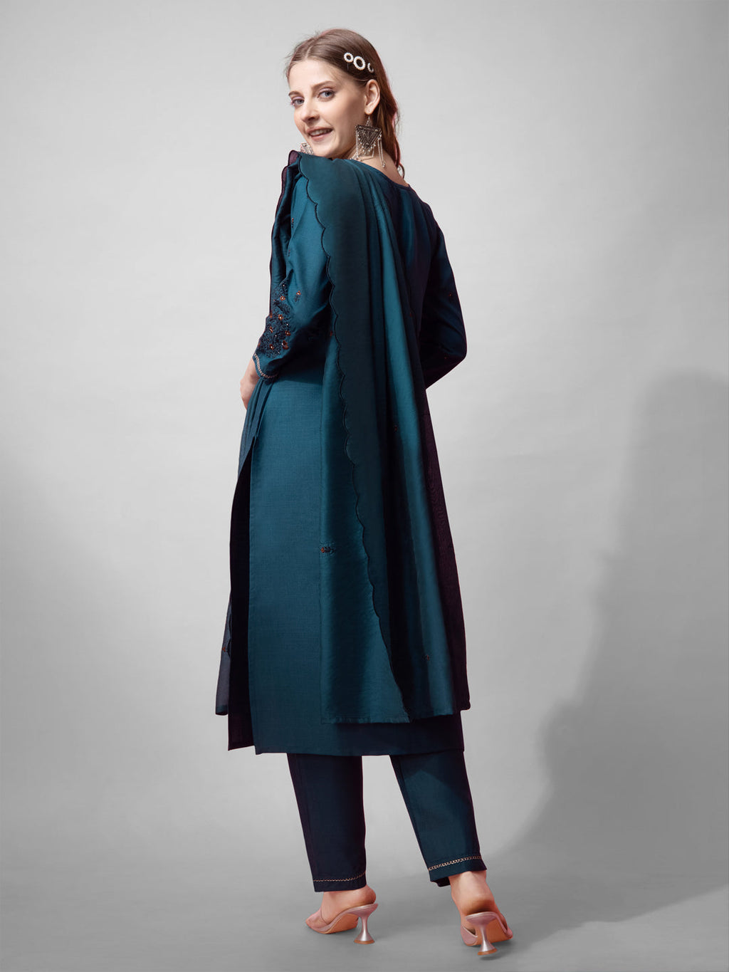 Teal and Navy Cotton Blend Embroidered V-Neck Straight Kurta Set