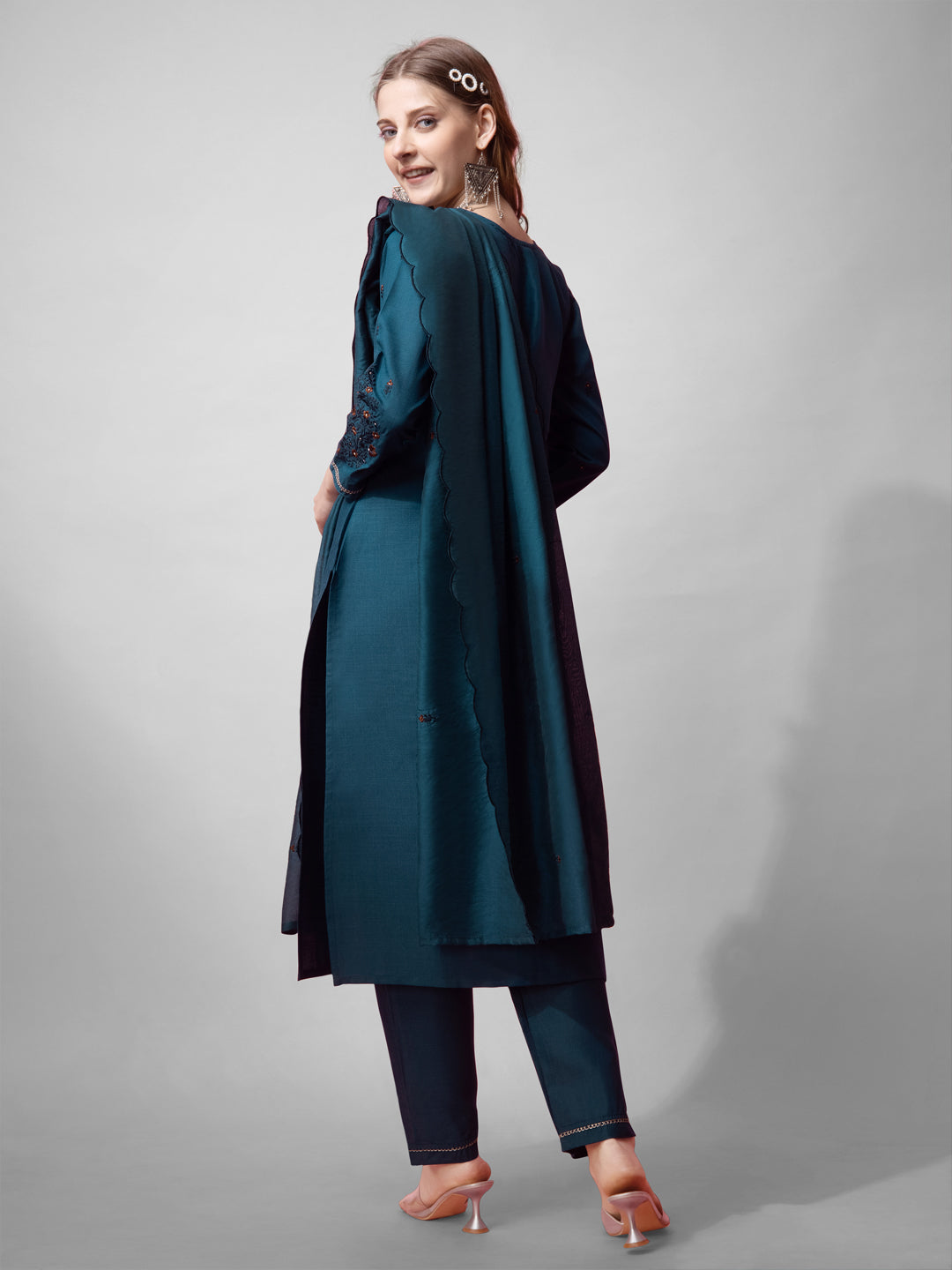 Teal and Navy Cotton Blend Embroidered V-Neck Straight Kurta Set
