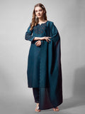 Teal and Navy cotton blend straight kurta with embroidery and V-neckline