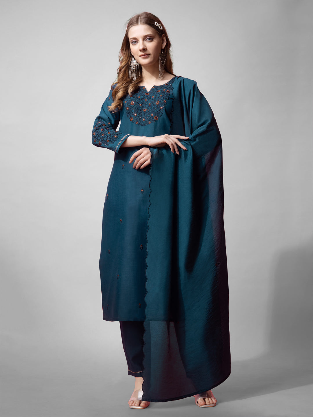 Teal and Navy cotton blend straight kurta with embroidery and V-neckline