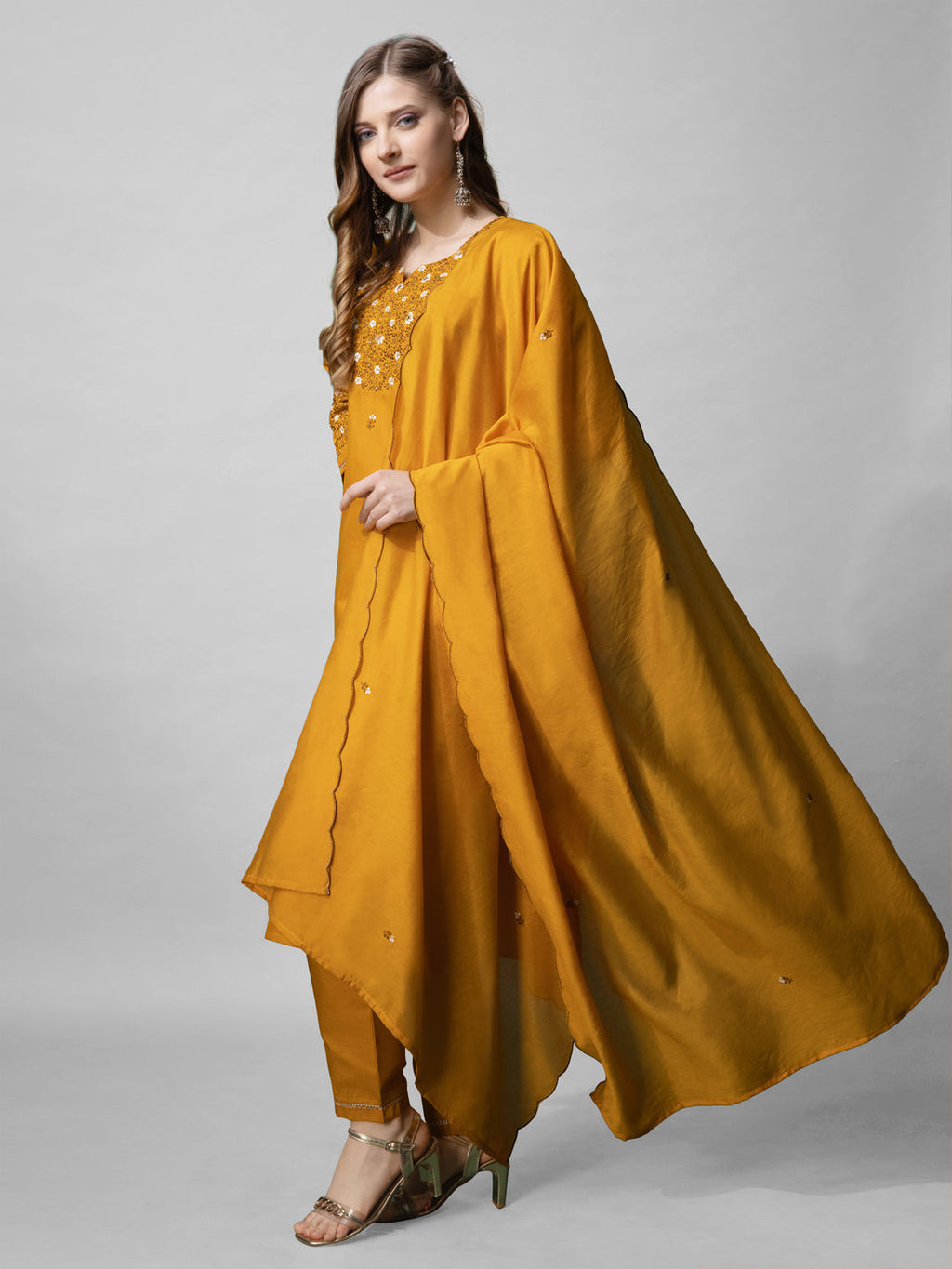 Mustard Cotton Blend V-Neck Straight Embroidered Kurta Set