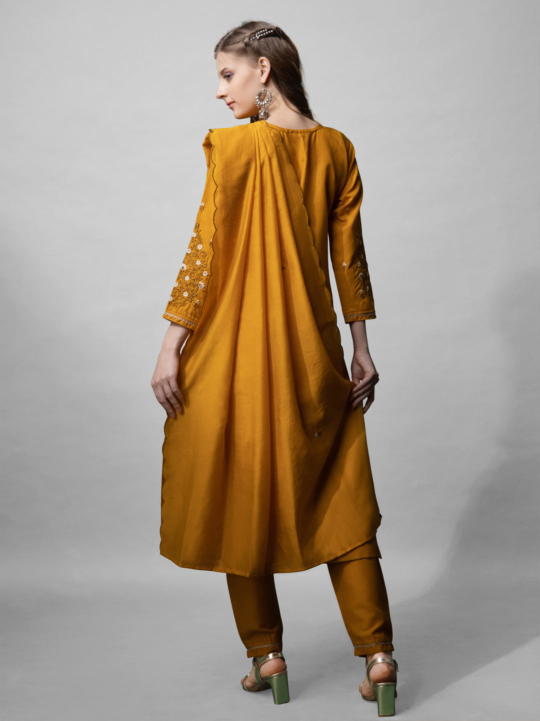 Mustard Cotton Blend V-Neck Straight Embroidered Kurta Set