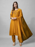 Mustard cotton blend straight kurta with embroidery and V-neckline