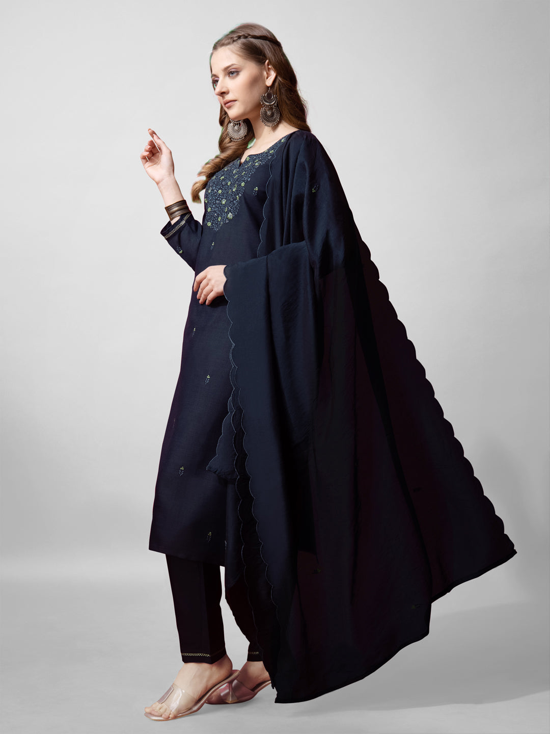 Women's Navy Blue Embroidered Straight Kurta Set in Cotton Blend