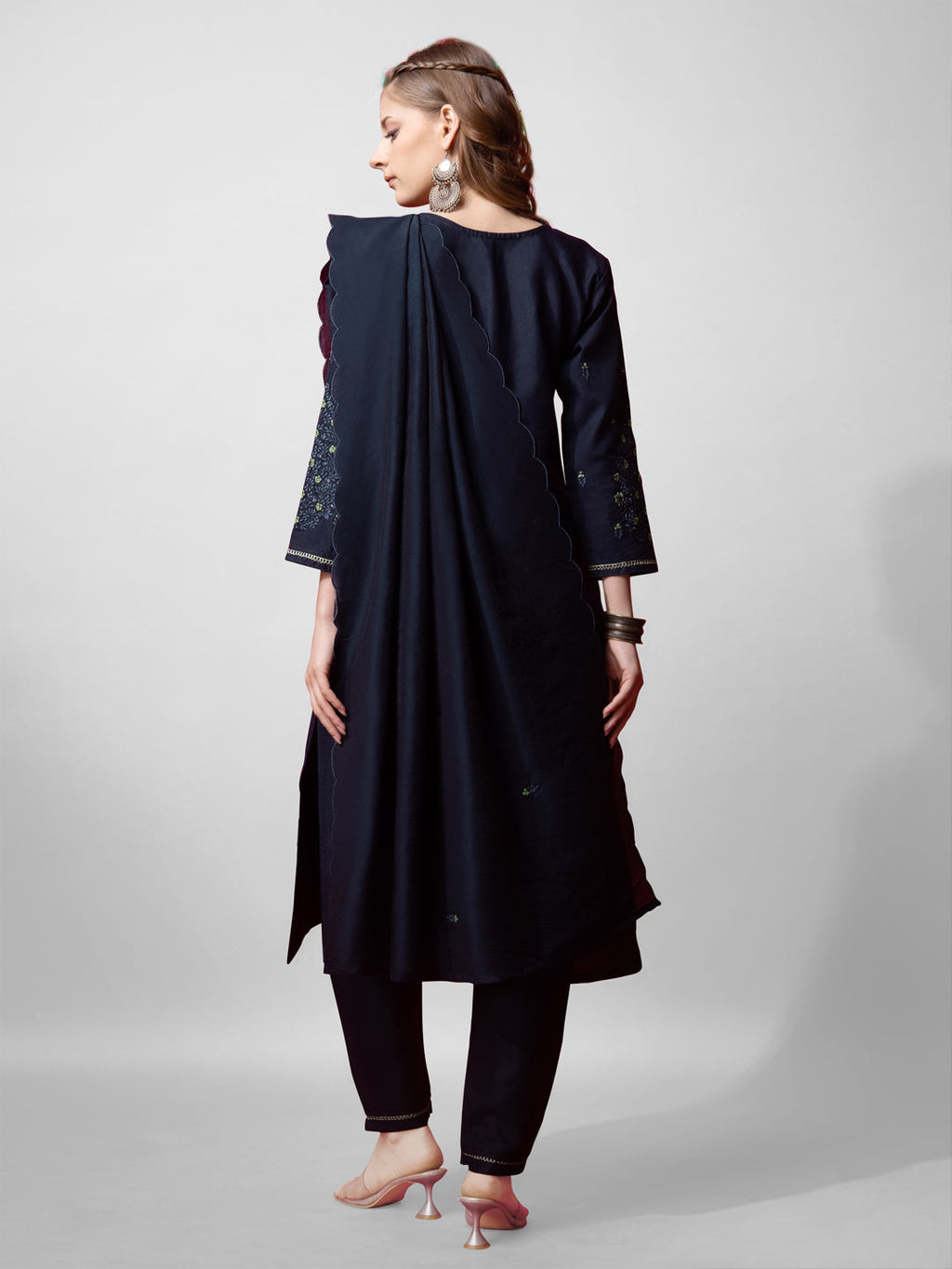 Women's Navy Blue Embroidered Straight Kurta Set in Cotton Blend