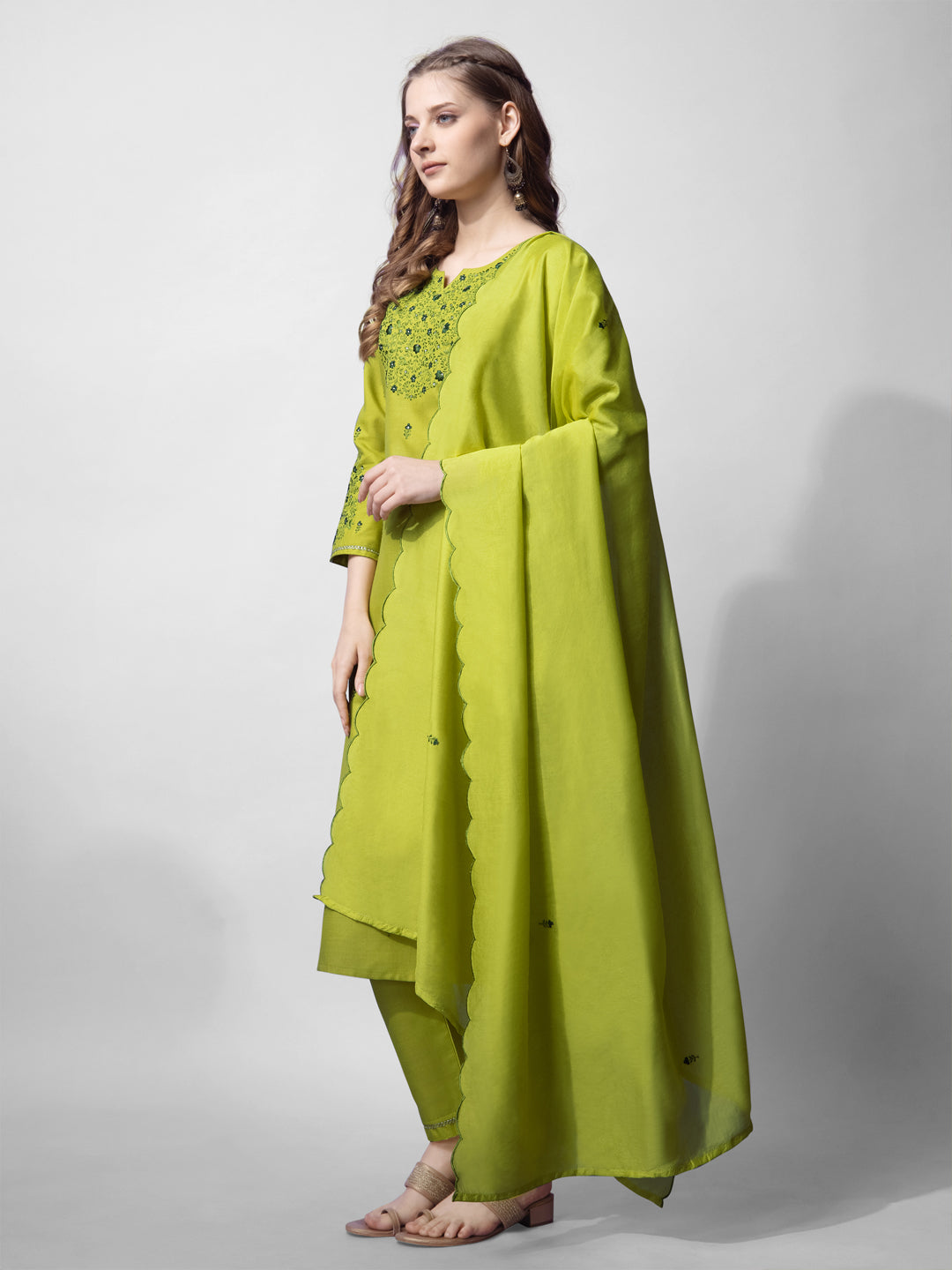 Parrot Green Cotton Blend V-Neck Embroidered Kurta Set