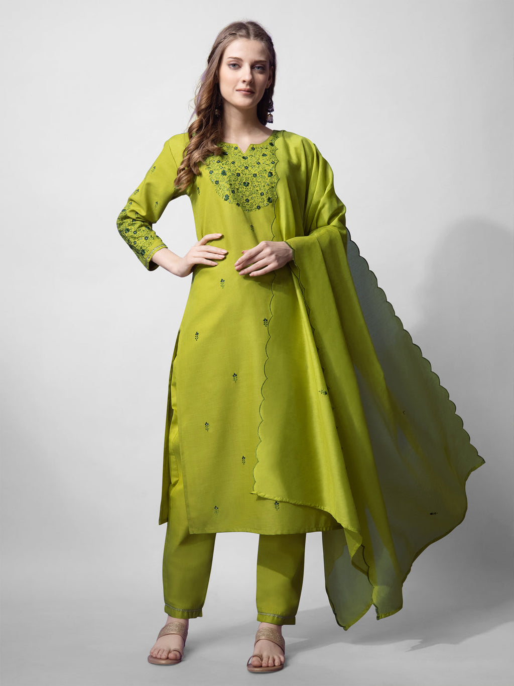 Parrot green cotton blend straight kurta with embroidery and V-neck