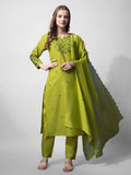 Parrot green cotton blend straight kurta with embroidery and V-neck
