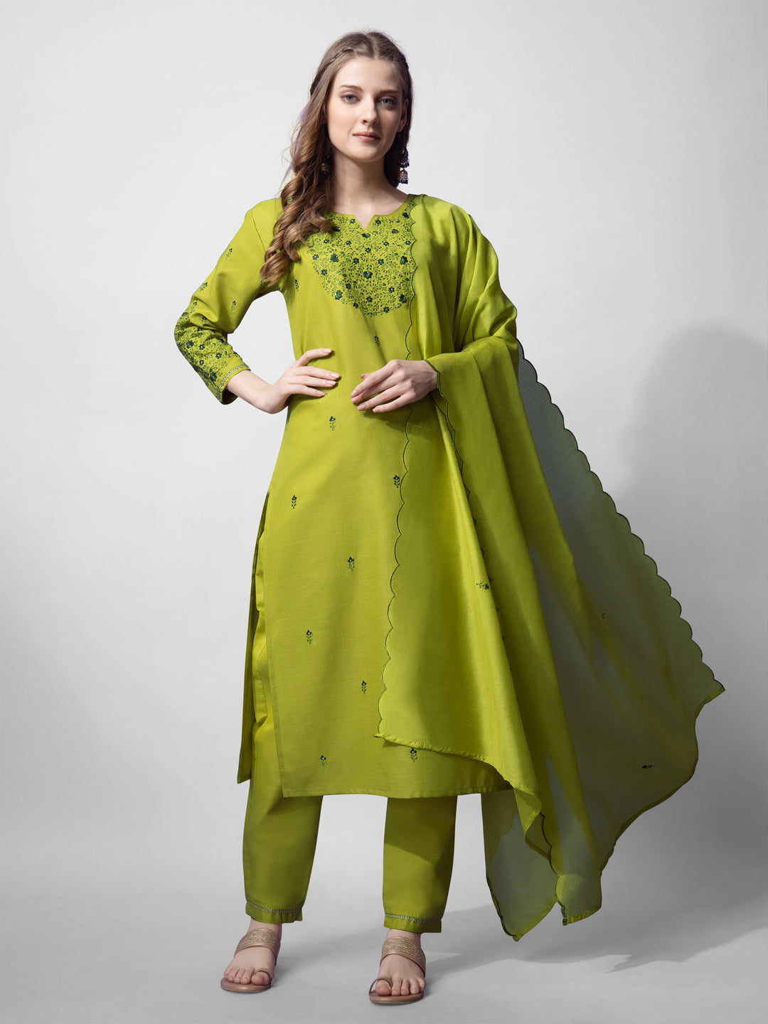 Parrot green cotton blend straight kurta with embroidery and V-neck