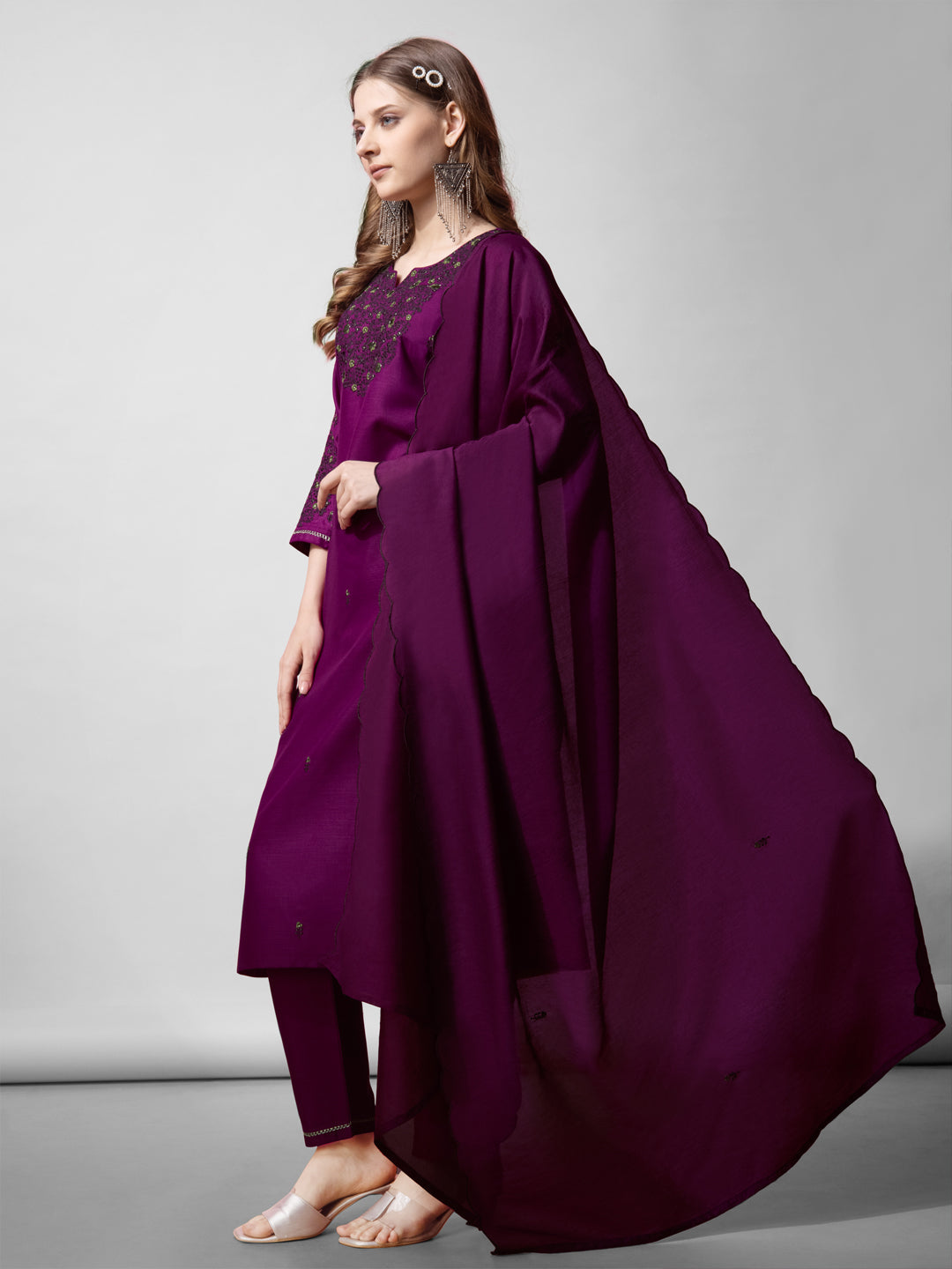 Purple Cotton Blend Straight Cut Embroidered Kurta Set
