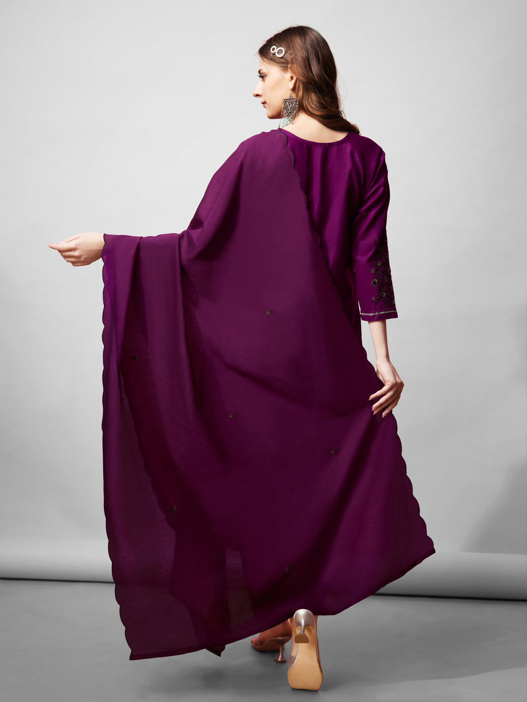 Purple Cotton Blend Straight Cut Embroidered Kurta Set