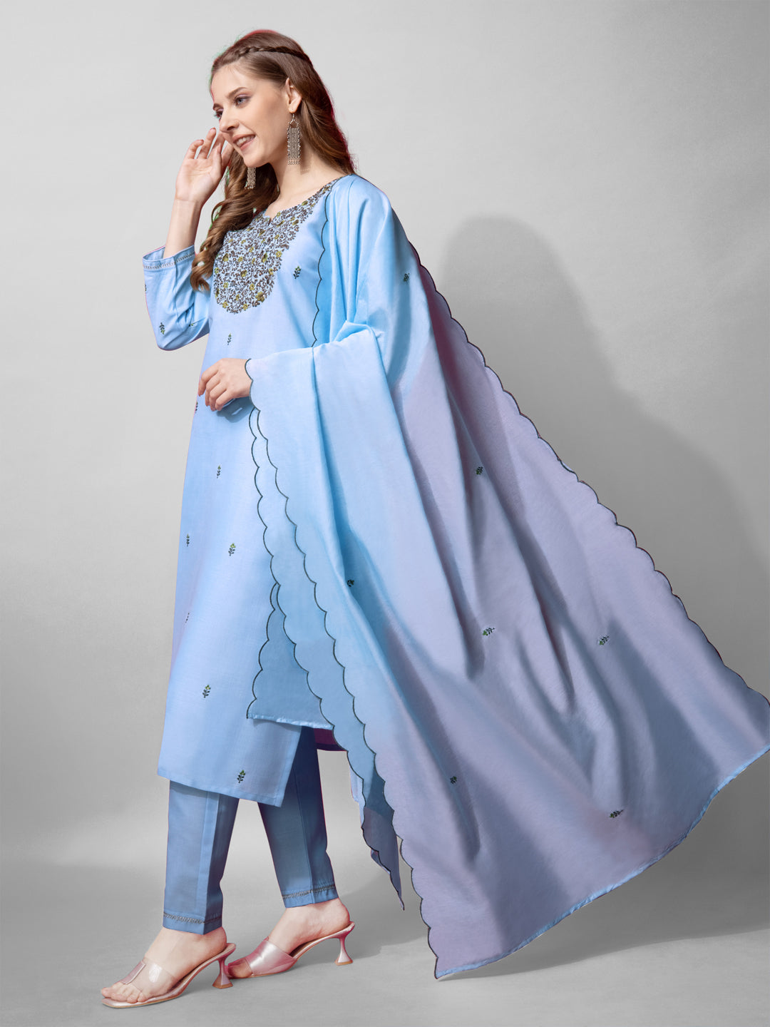 Jyoti Fashion Women's Sky Blue Cotton Blend Embroidered Kurta Set