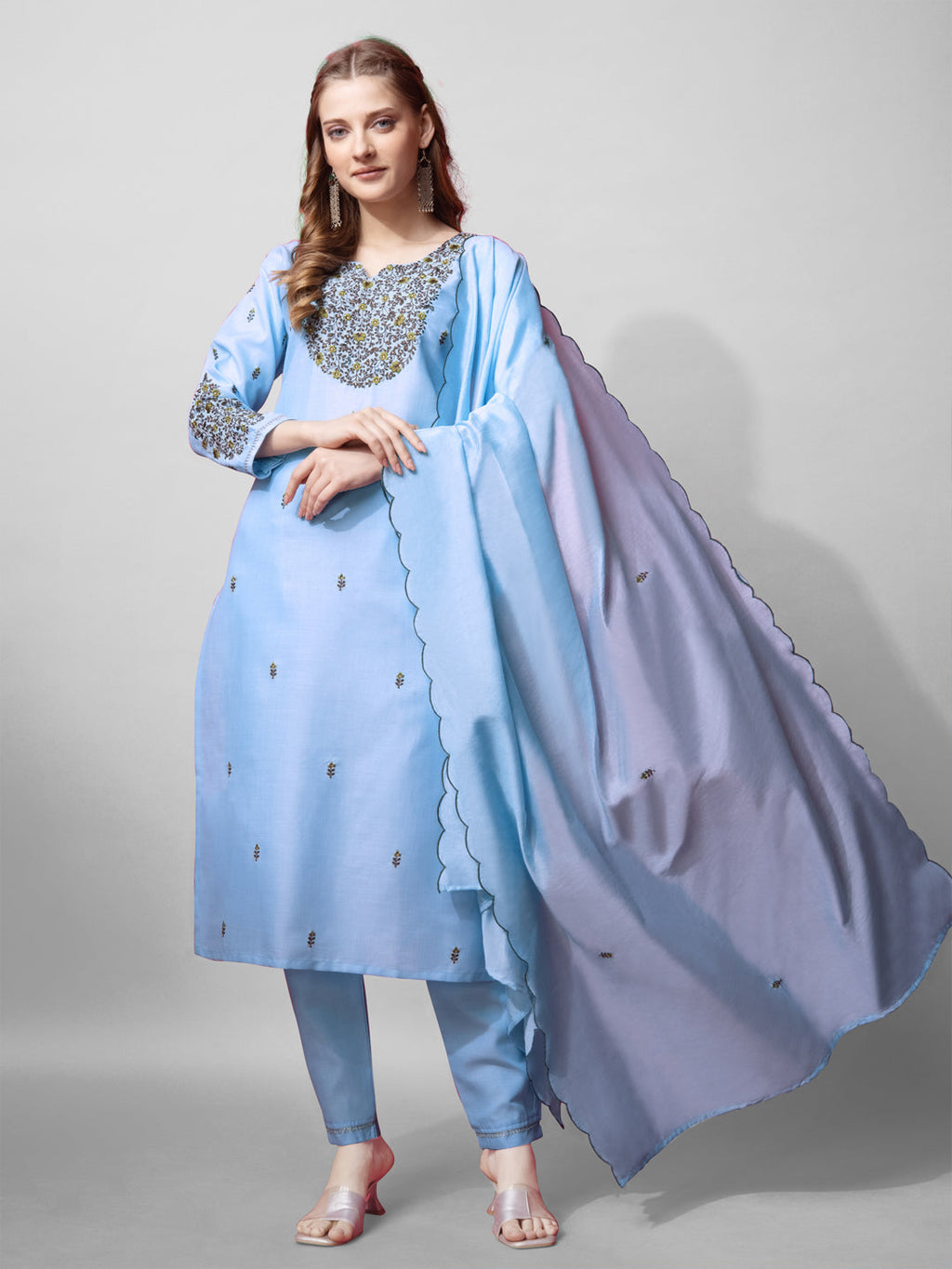 Jyoti Fashion Women's Sky Blue Cotton Blend Embroidered Kurta Set