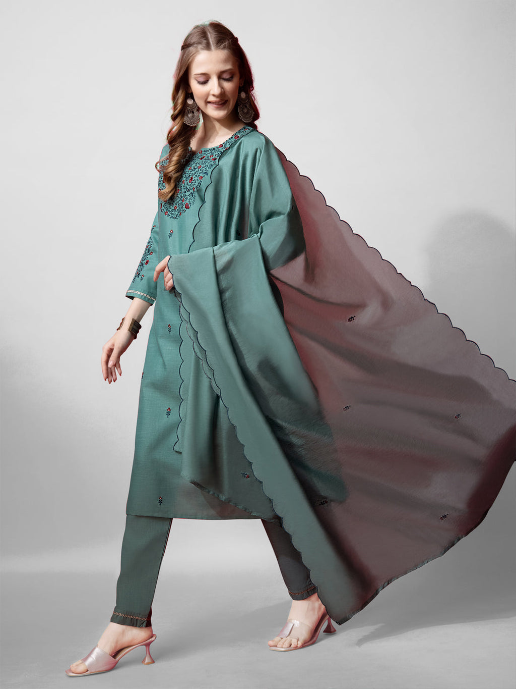 Women's Teal Cotton Blend Embroidered Straight Kurta Set