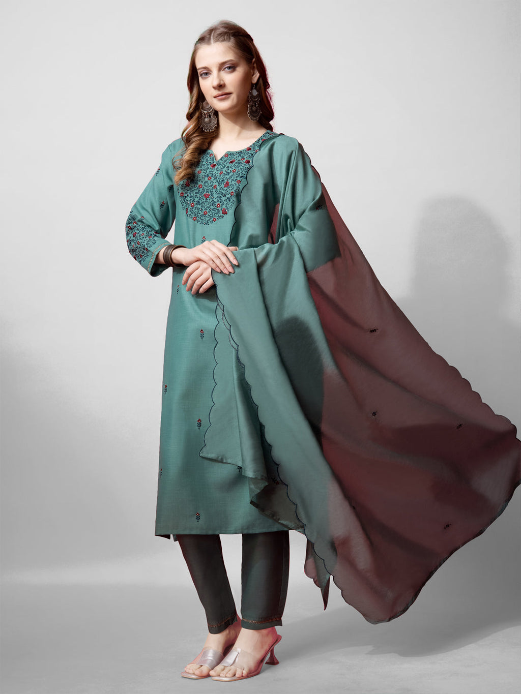 Teal cotton blend straight kurta featuring embroidery and 3/4 sleeves.