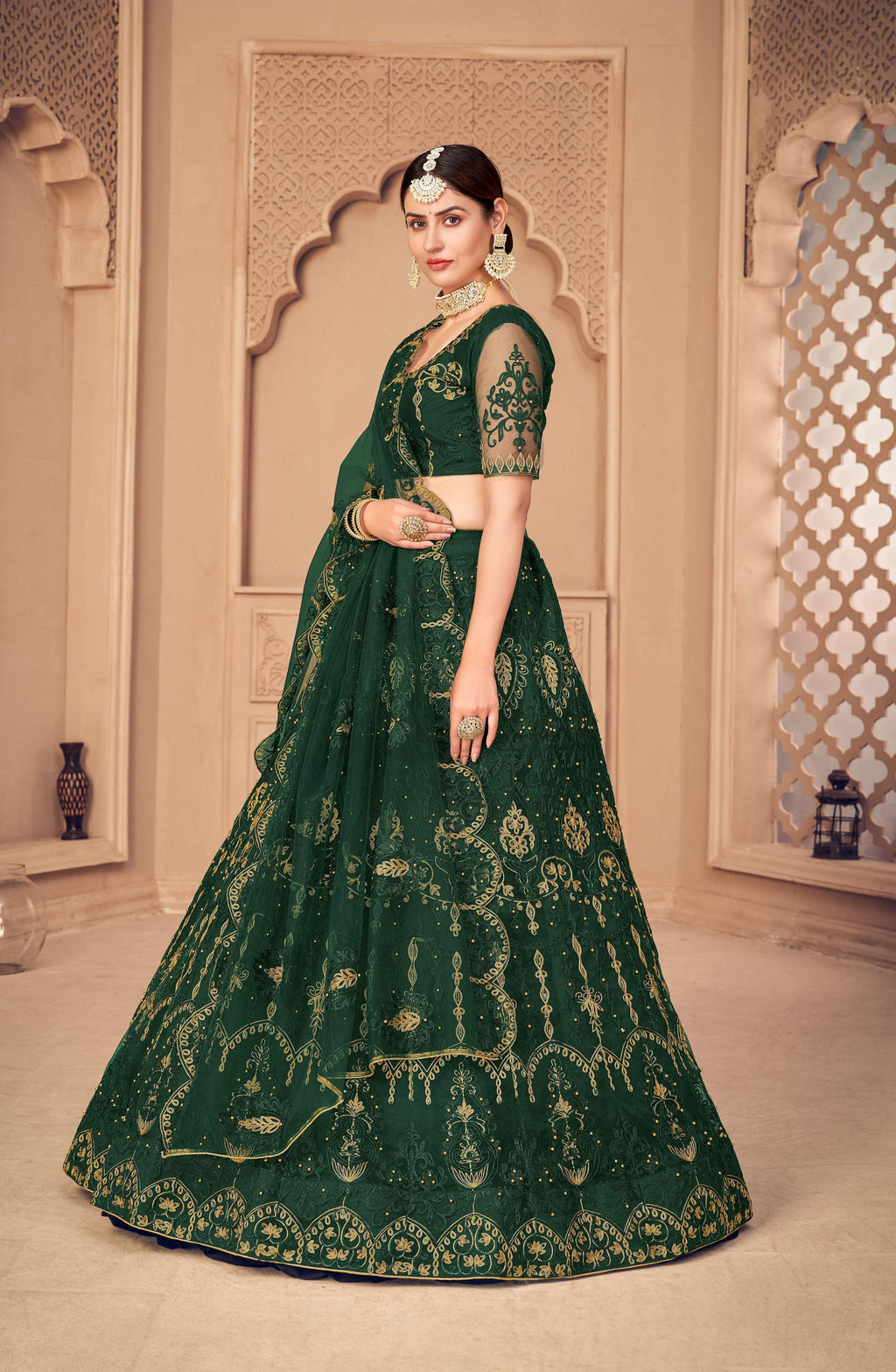 Dark Green Net Thread Embroidered Designer Lehenga Choli Set