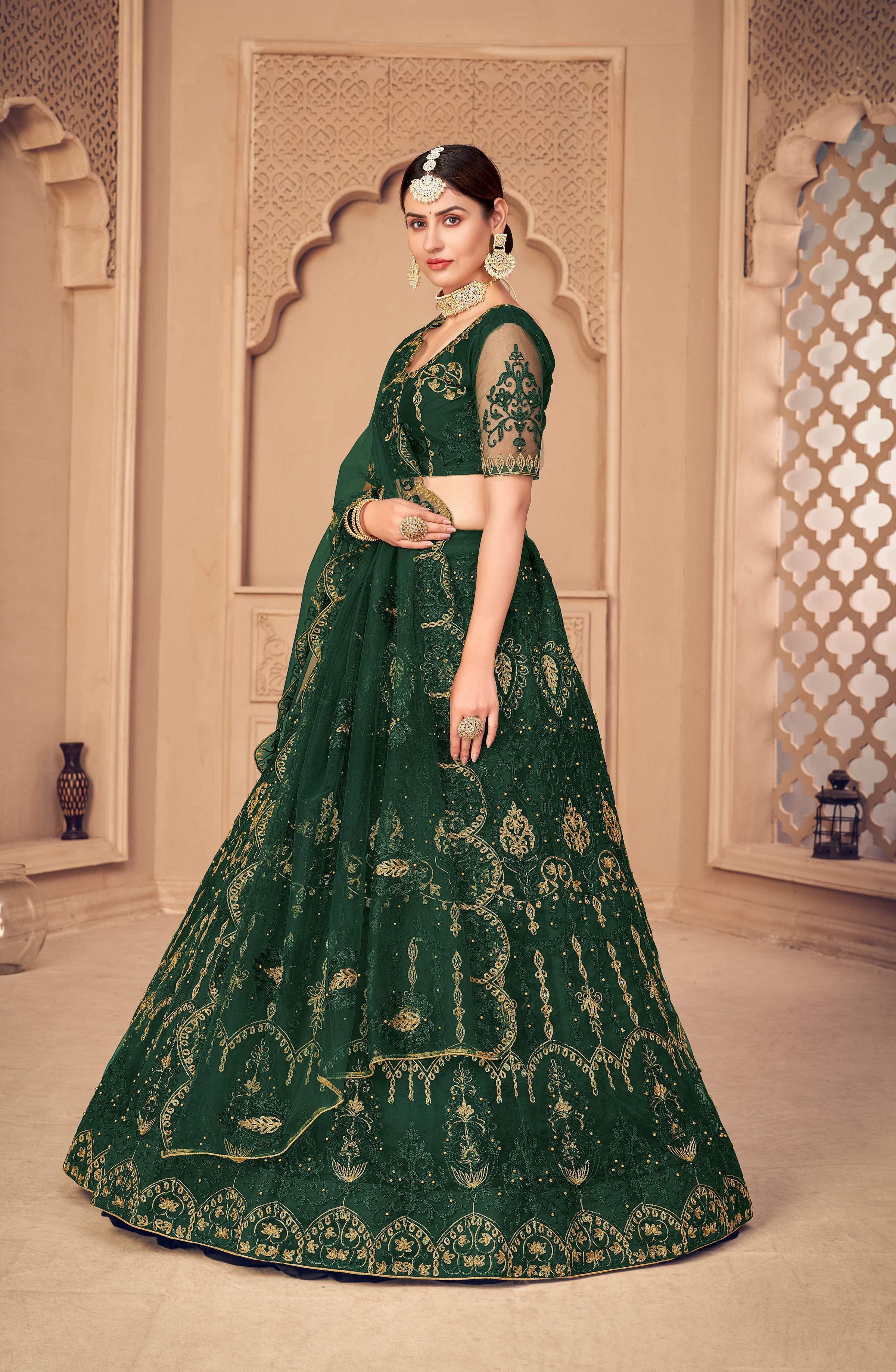 Dark Green Net Thread Embroidered Designer Lehenga Choli Set