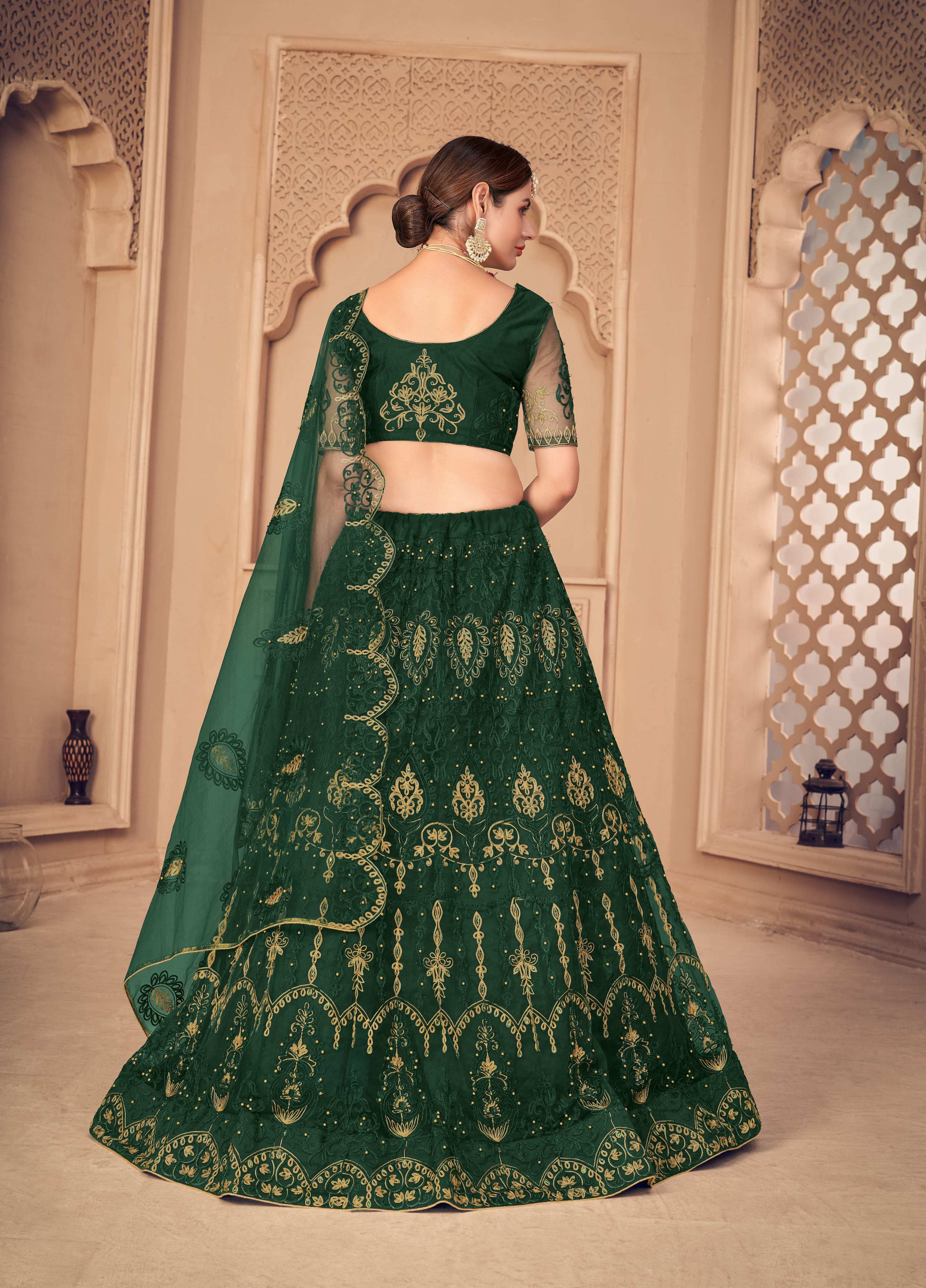 Dark Green Net Thread Embroidered Designer Lehenga Choli Set