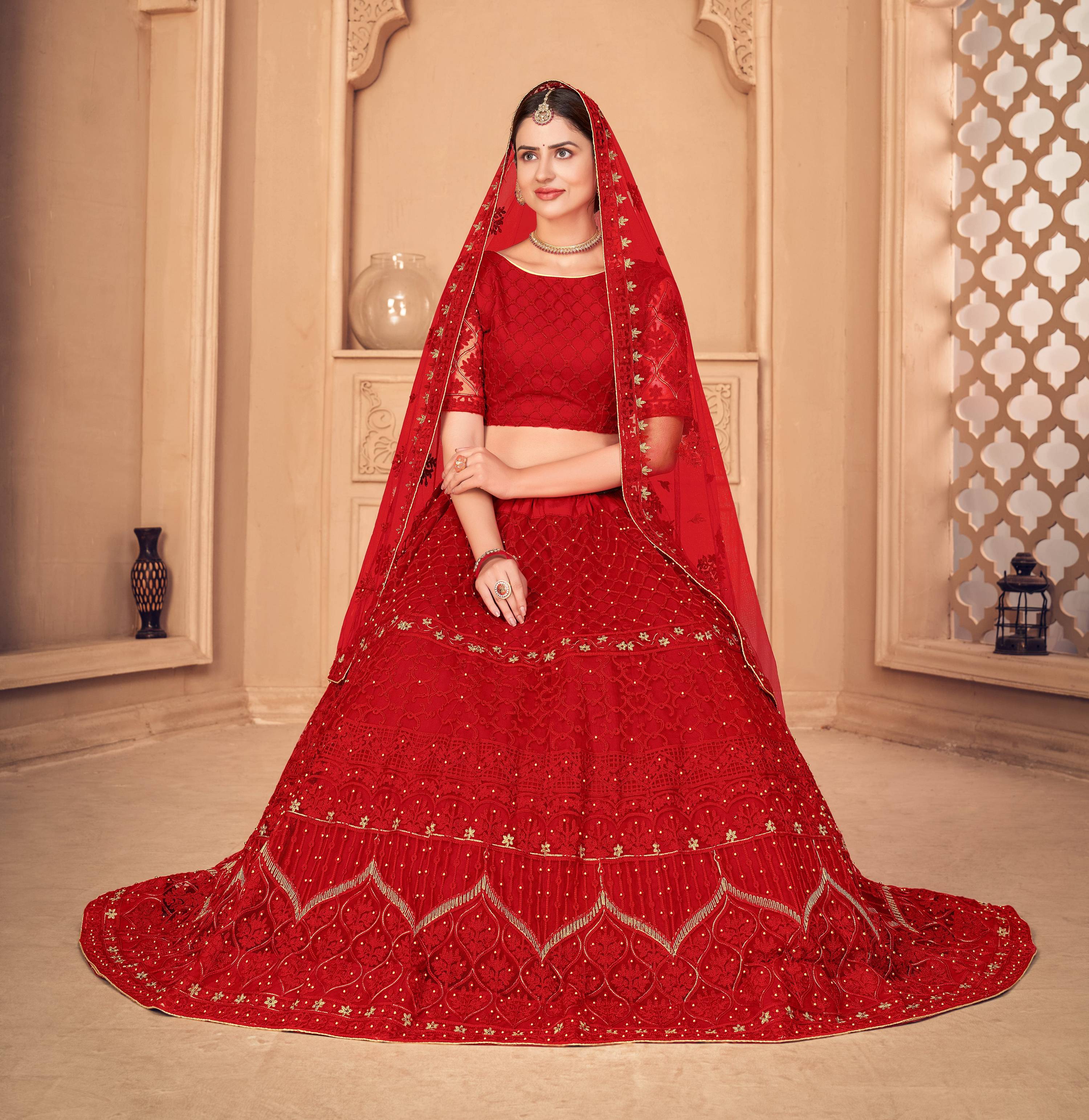 Jyoti Fashion Women's Red Net Thread Embroidered Designer Lehenga Choli Set