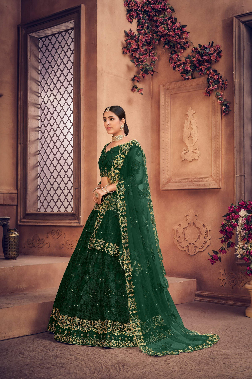Dark Green Net Thread Embroidered Designer Lehenga Choli Set