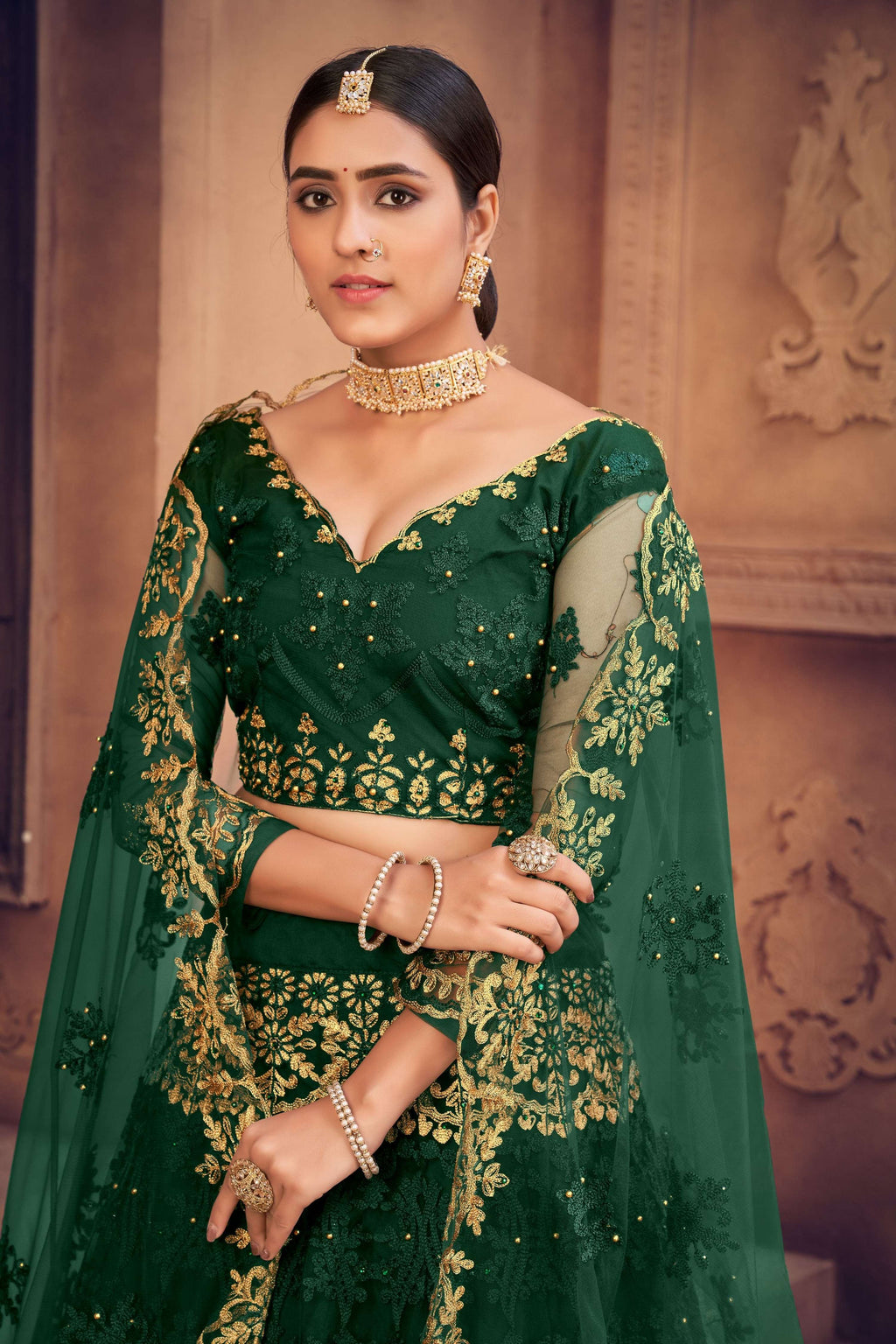 Dark Green Net Thread Embroidered Designer Lehenga Choli Set