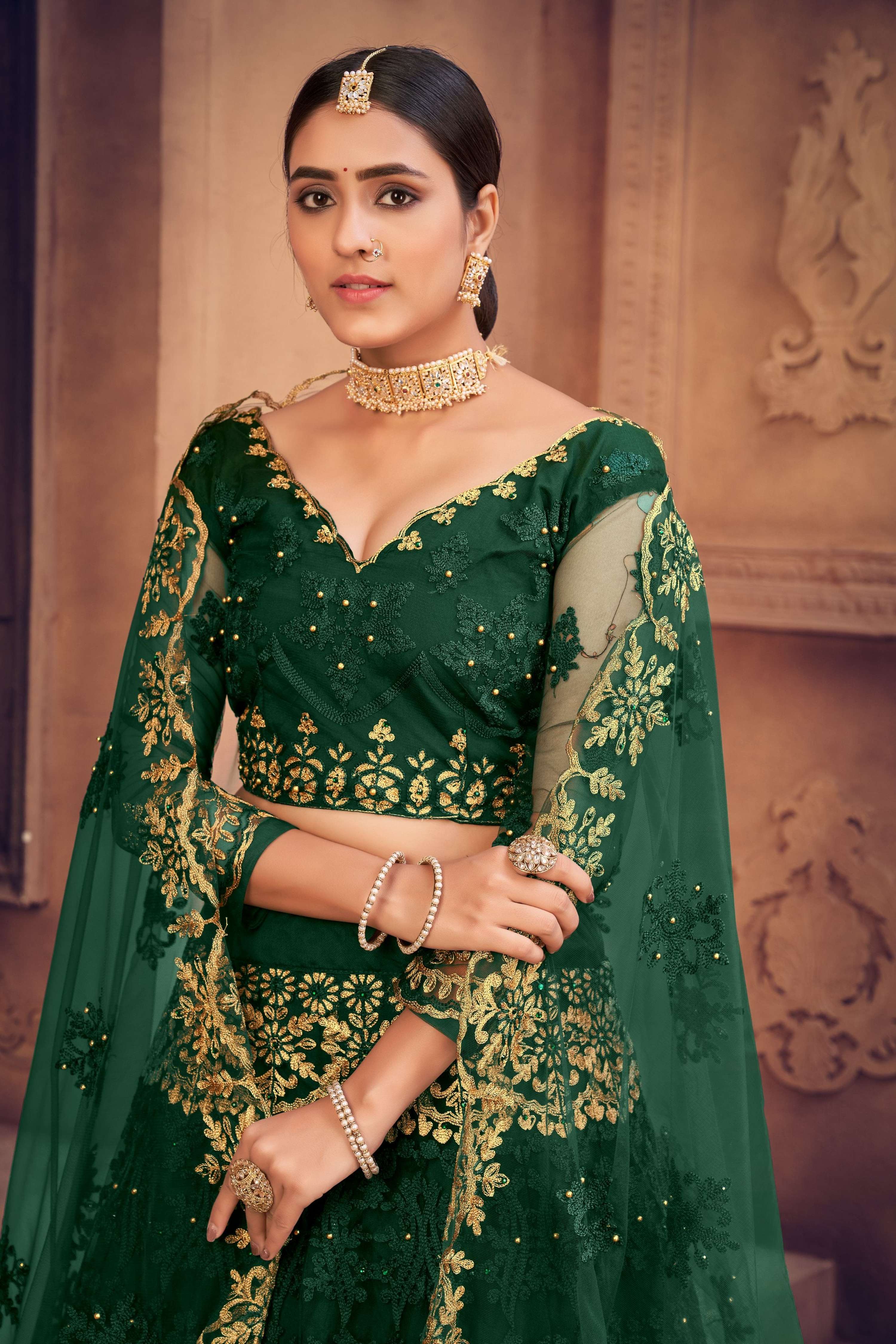 Dark Green Net Thread Embroidered Designer Lehenga Choli Set