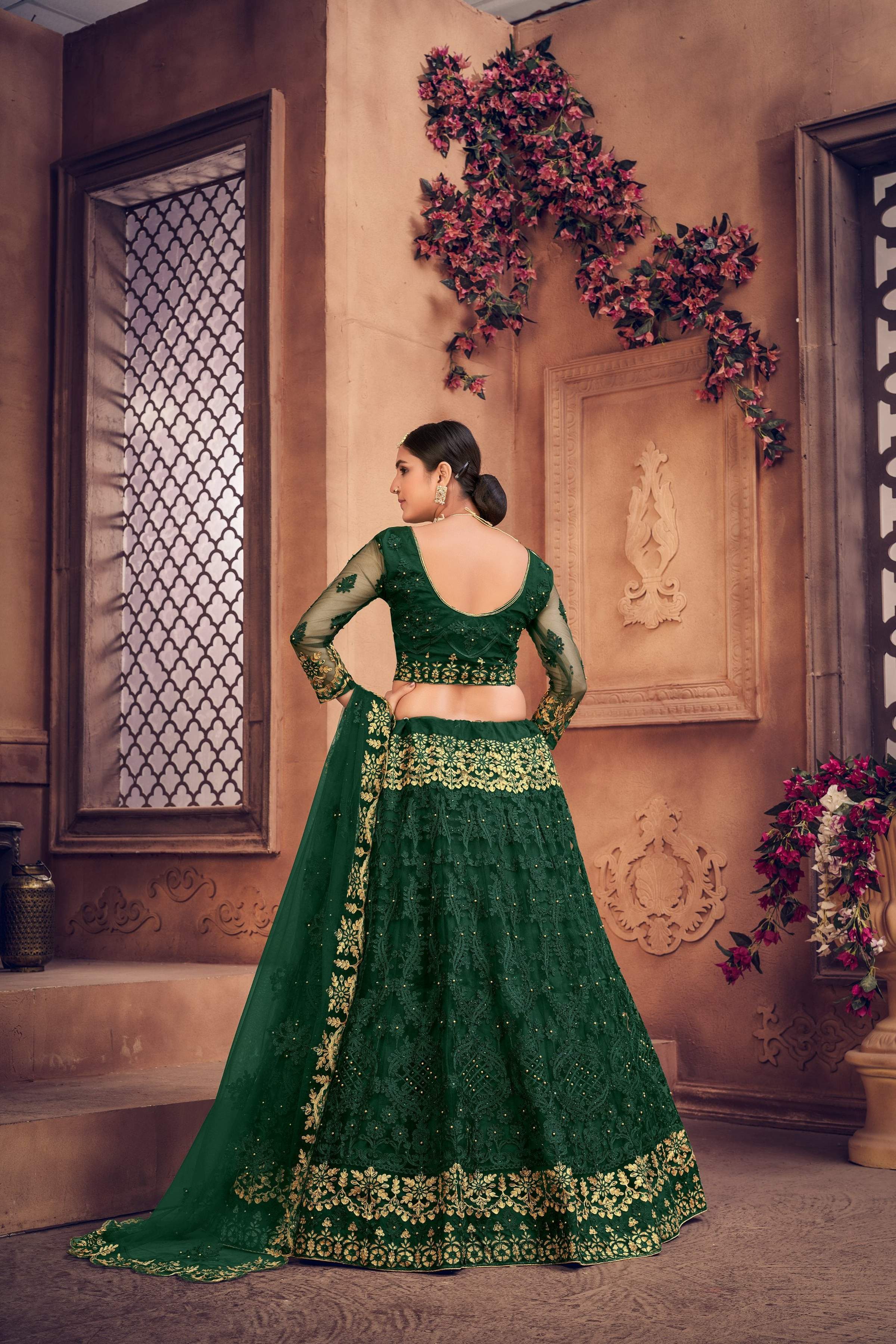 Dark Green Net Thread Embroidered Designer Lehenga Choli Set