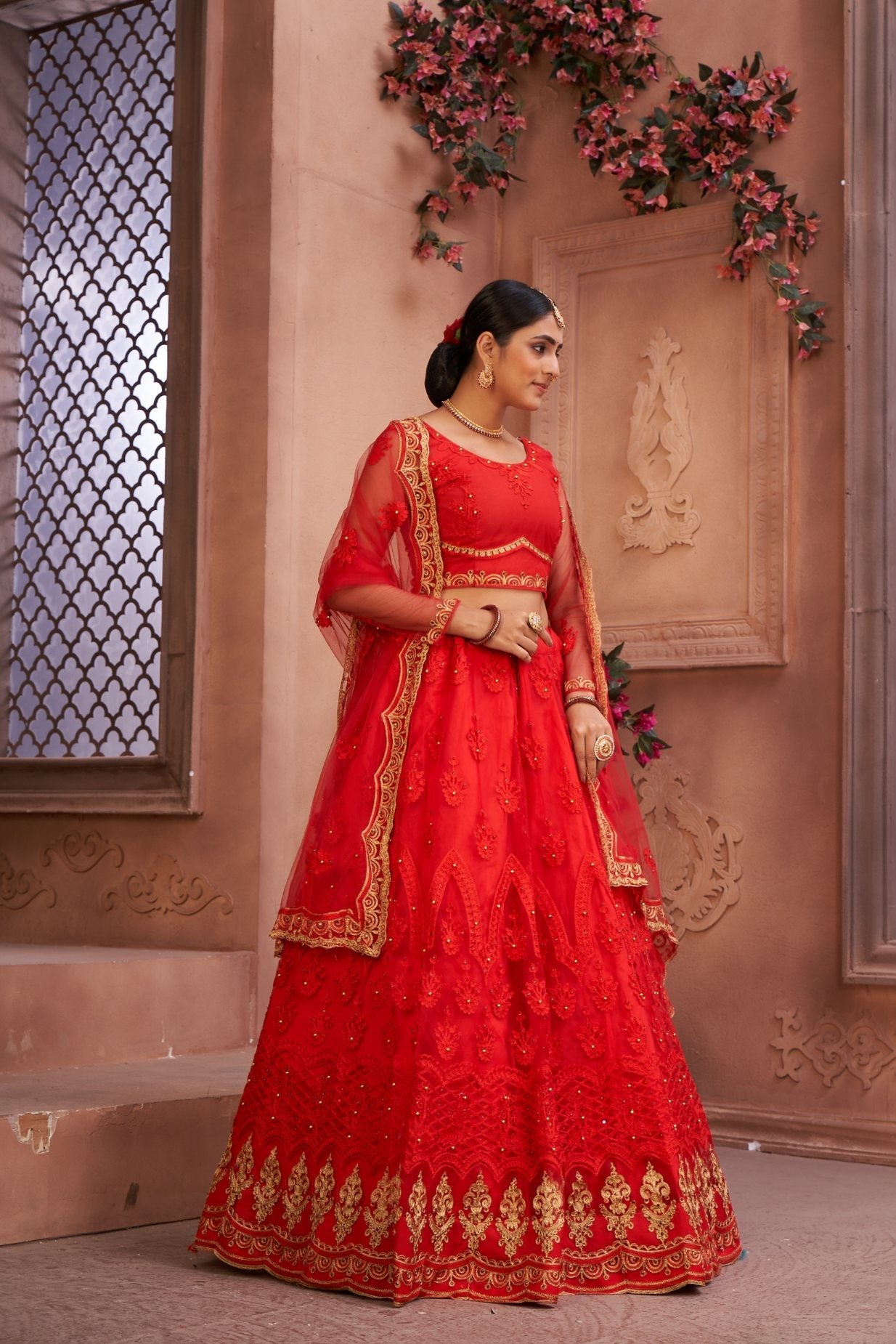 Red Net Thread Embroidered Designer Lehenga Choli Set