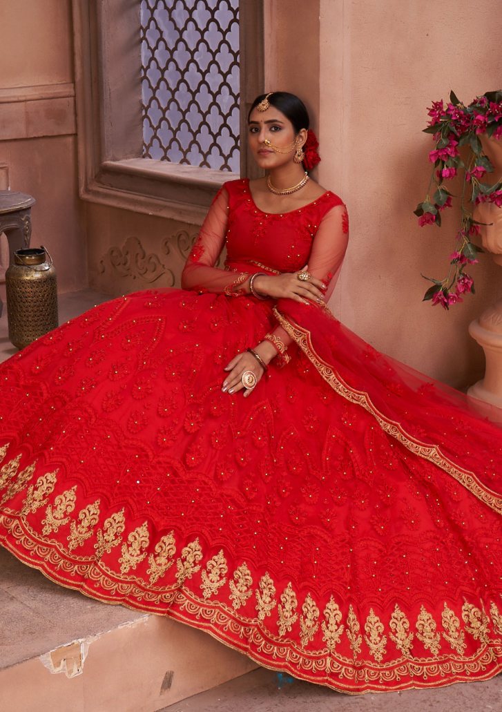 Red Net Thread Embroidered Designer Lehenga Choli Set