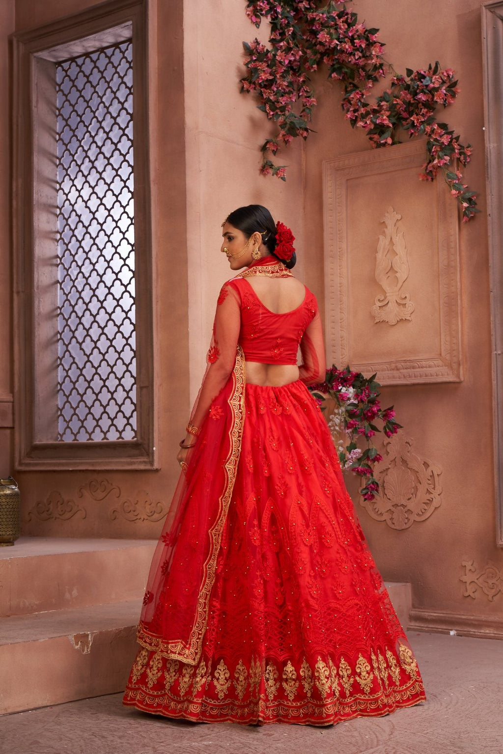Red Net Thread Embroidered Designer Lehenga Choli Set
