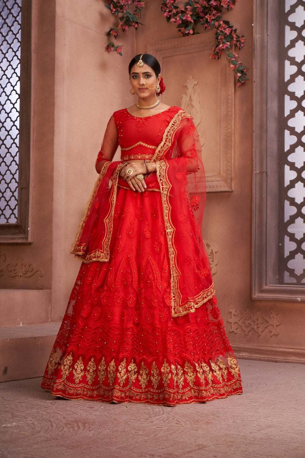 Beautiful Red Net Lehenga Choli with intricate thread embroidery