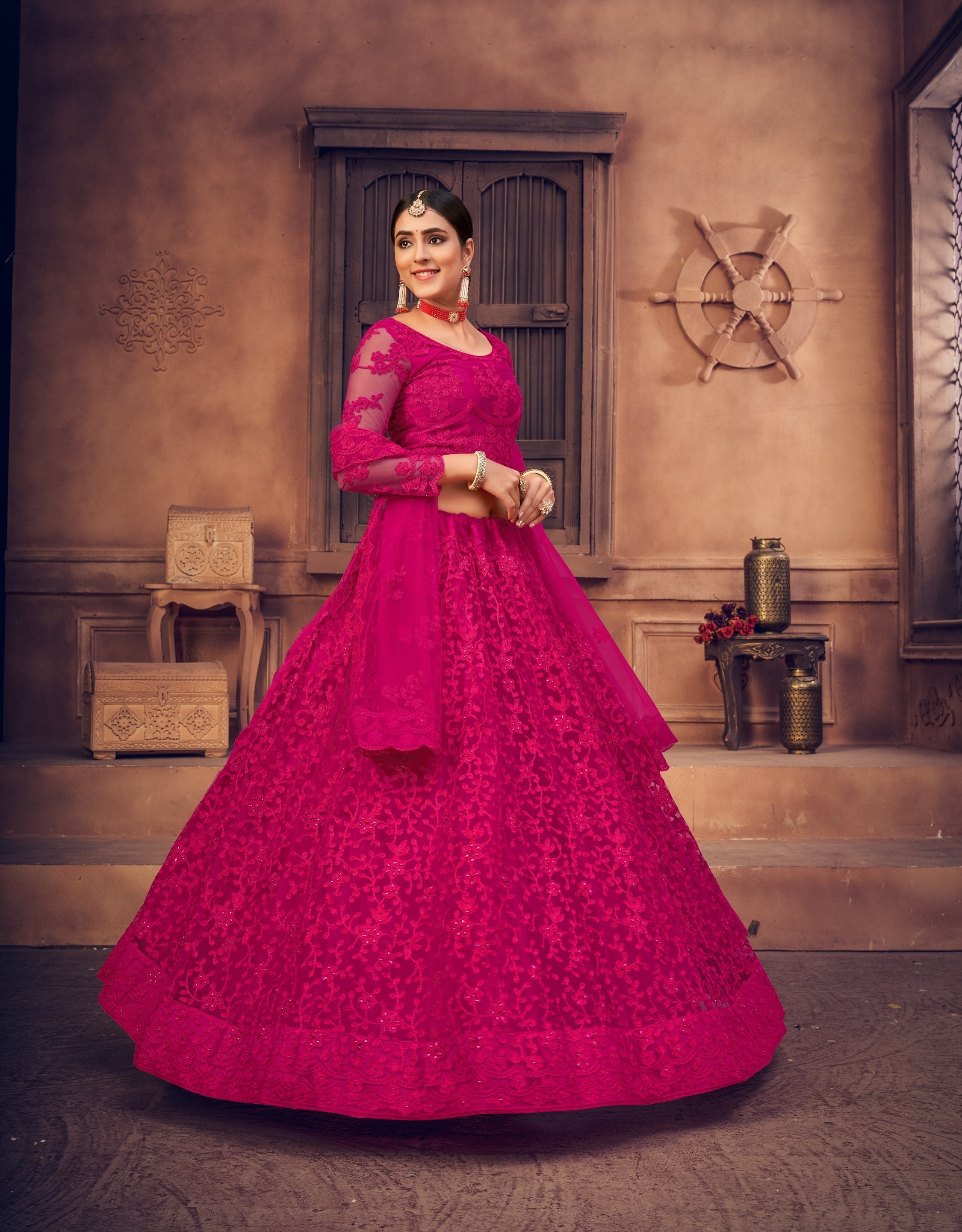 Rani Pink Net Thread Embroidered Lehenga Choli Set